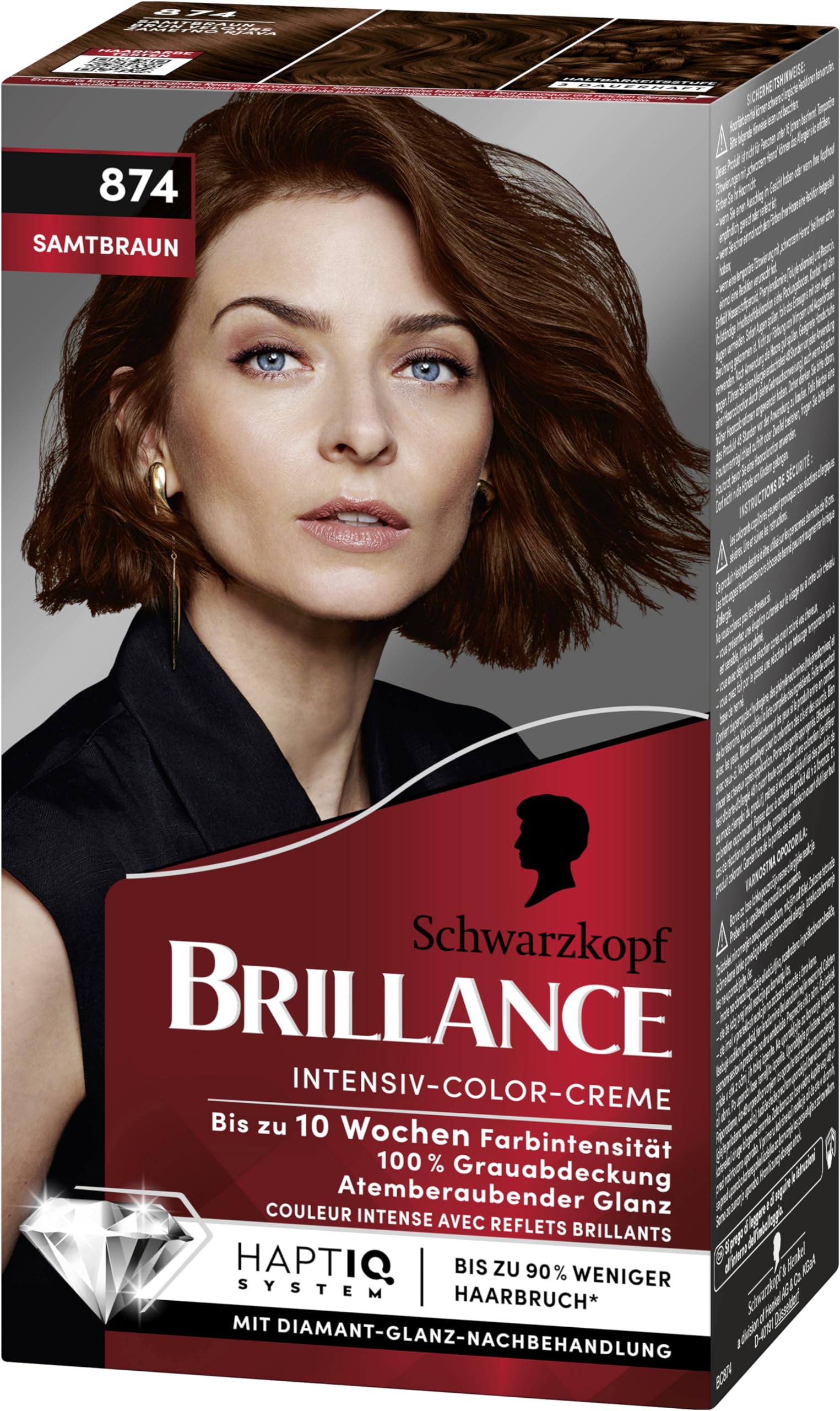 Brillance Intensiv-Color-Creme 874 Samtbraun (6x 160 ml), dauerhafte Haarfarbe mit Diamant-Glanz und Pflege-Conditioner, für 10 Wochen Farbintensität