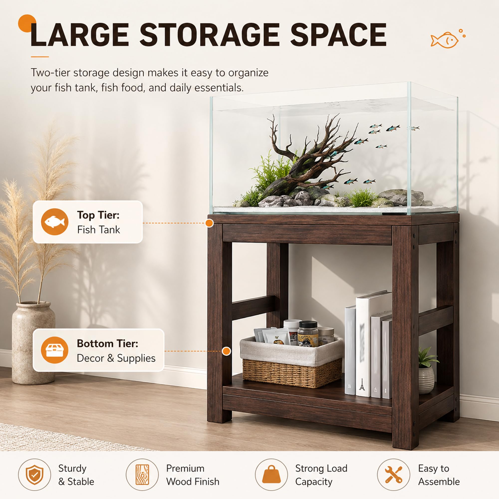 Mobile Acquario 45–80 Galloni con Ripiano, Supporto in Legno 600 kg | Telaio in Pino e Piano Composito per Acquari, Terrari, Rettili e Spazio Portaoggetti(Walnut color,70×45cm / 27.6×17.7in)