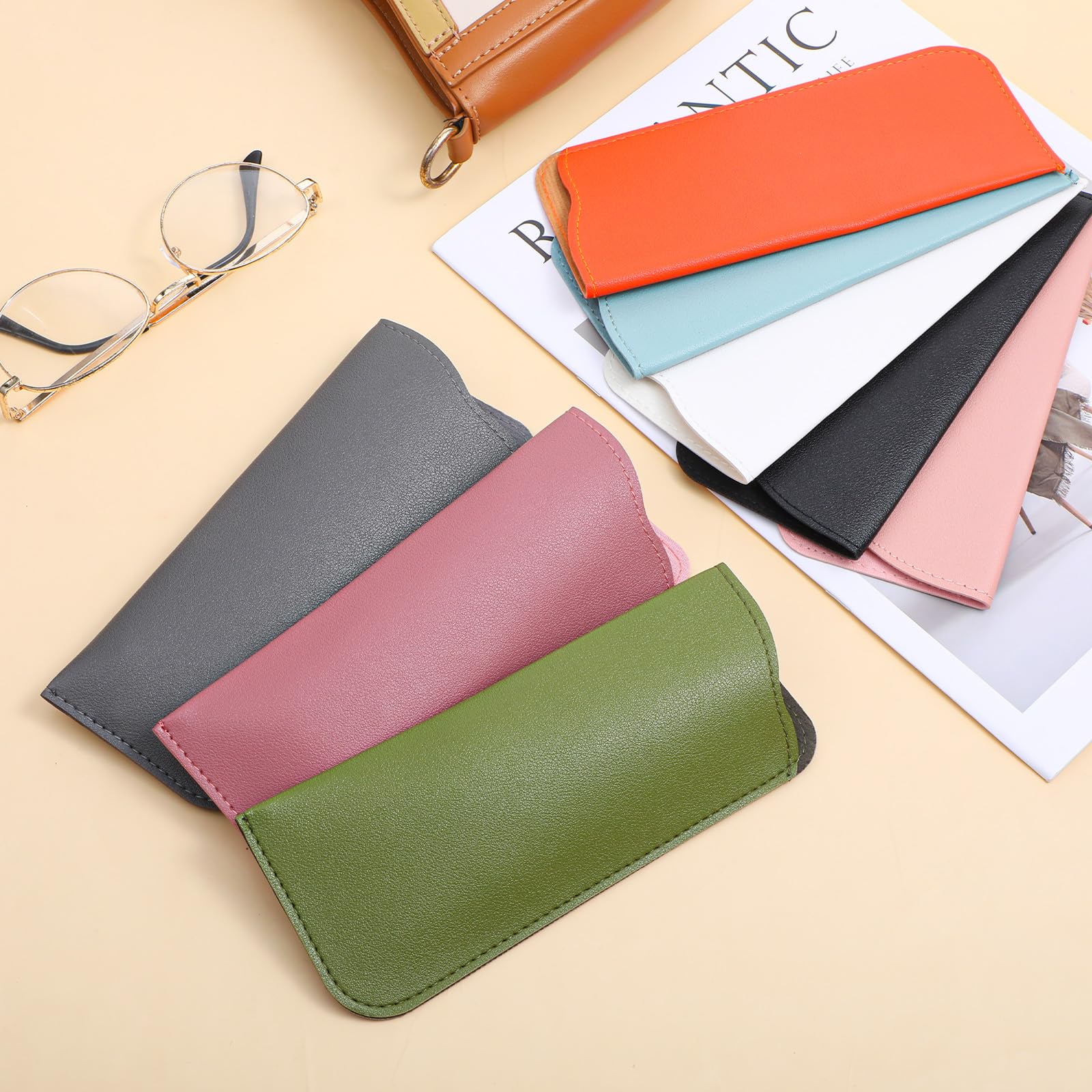 JJUNW 8 sztuk miękkich etui na okulary, ze skóry PU, przenośne etui na okulary, 17,8 x 7,6 cm, płaskie etui na okulary do czytania, dla mężczyzn i kobiet
