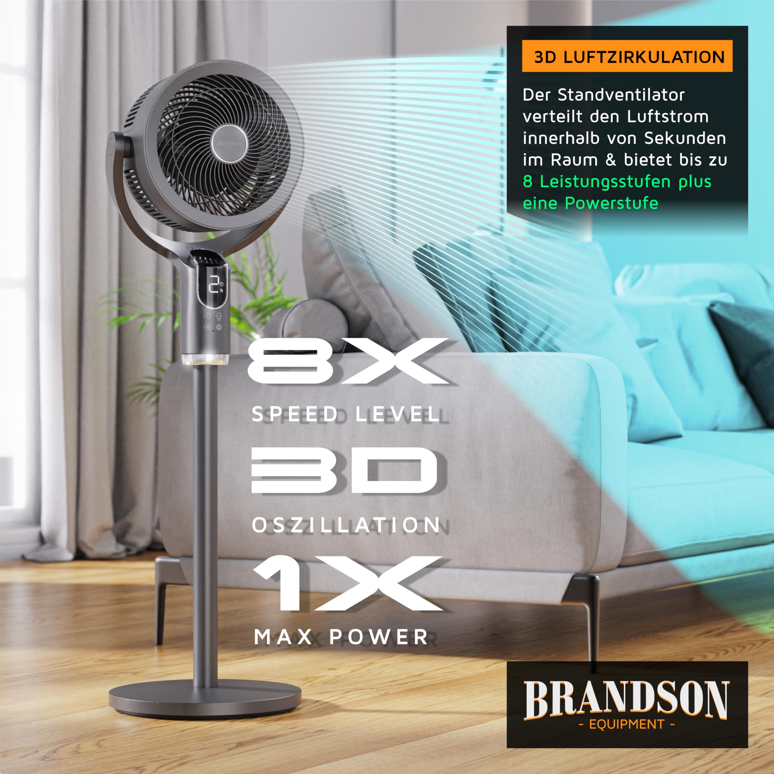Brandson – 3D Standventilator mit Fernbedienung, Sieger Life & Living Award 2026, 3D Oszillation, Extra Leise, Sleep Modus, 8 + 1 Geschwindigkeitsstufen, für Schlafzimmer Wohnzimmer Kinderzimmer Büro