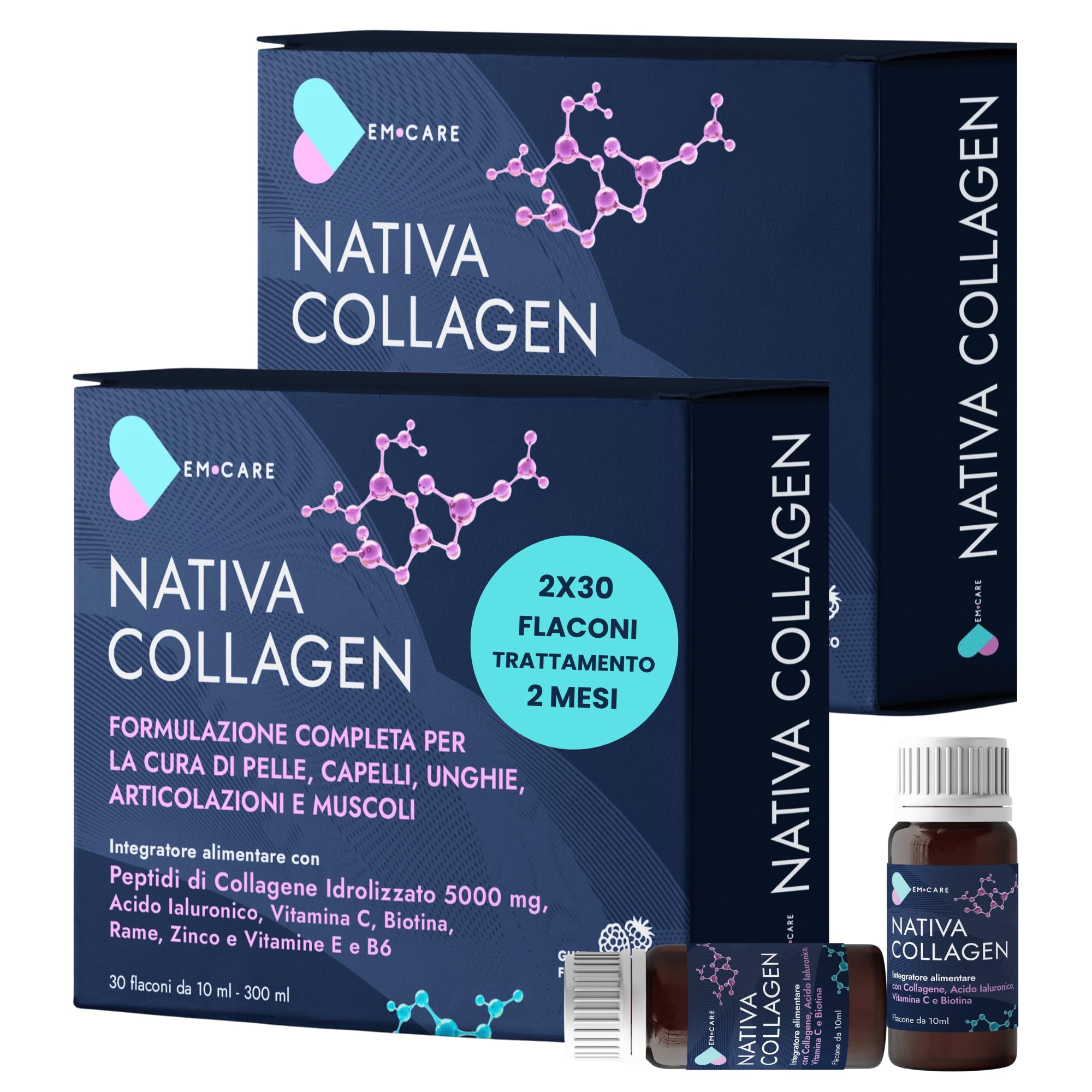 EM CARE Collagene da Bere 5000 mg, 60 Flaconi (2 Mesi) | Collagene Marino Idrolizzato, Con Acido Ialuronico, Vitamina C, Biotina e Zinco, Per Pelle, Capelli, Unghie e Articolazioni
