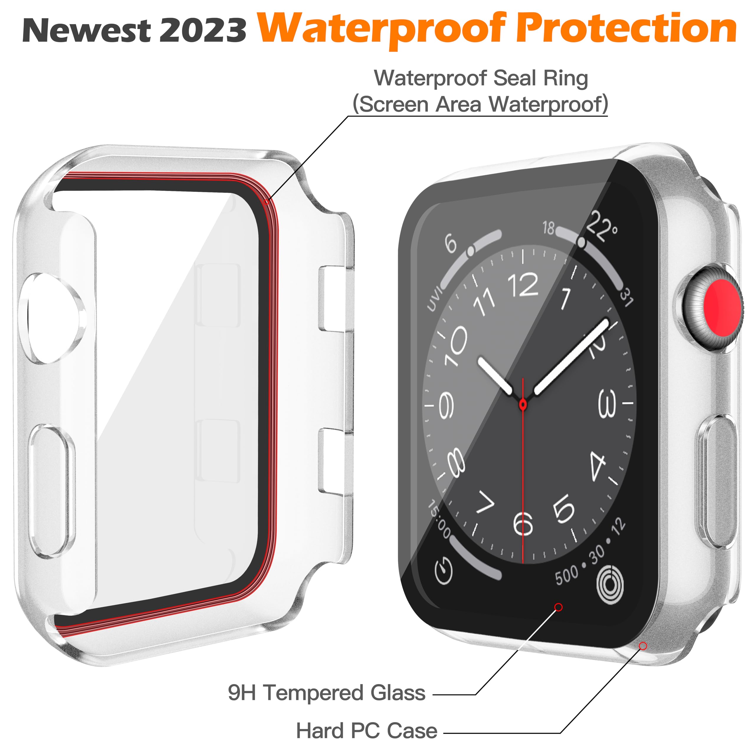 Misxi Wasserdichte Schutzhülle mit Knopf für Apple Watch Serie 3 Serie 2, 42 mm, harte PC-Abdeckung mit Displayschutzfolie aus gehärtetem Glas, für iWatch S3/S2, 1 Schwarz + 1 Transparent