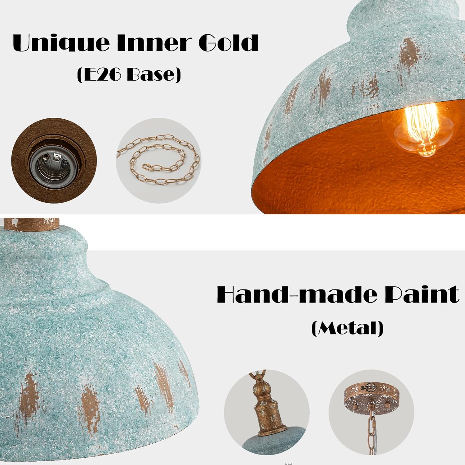 Kitchen Island Pendant Light, 11.3” Golden Pendant Lighting, Teal Farmhouse Pendant Light Fixture for Dining Room, Bar, Hallway, Foyer, Entryway, Bedroom, Adjustable Chain