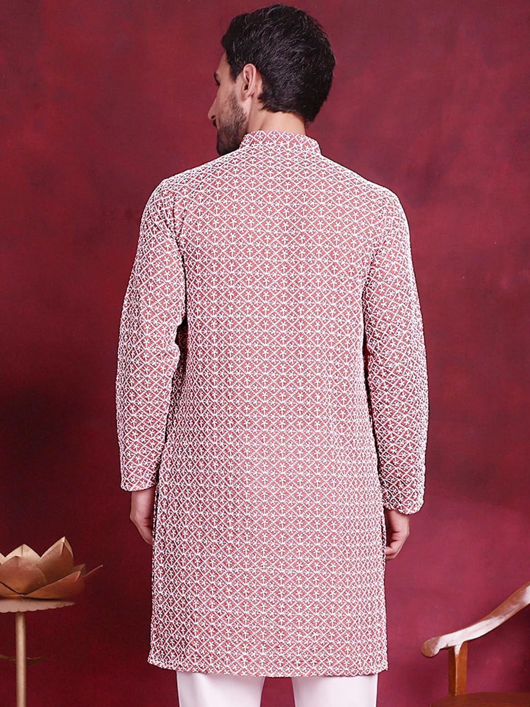 Jompers Chikankari Embroidered Kurtas For Men (Coral, L)