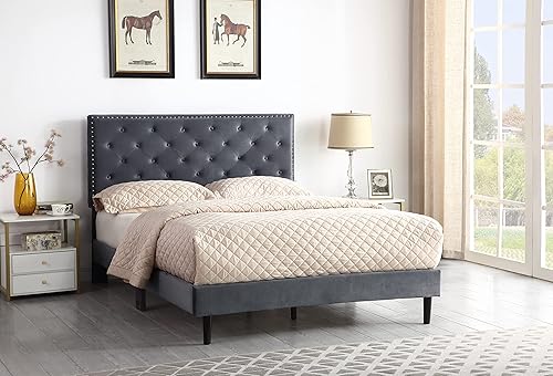 Miniatura 13 de Base de cama de plataforma tapizada completa con cabecero ajustable de 48 pulgadas de alto, cama de terciopelo de gamuza copetuda con botones,