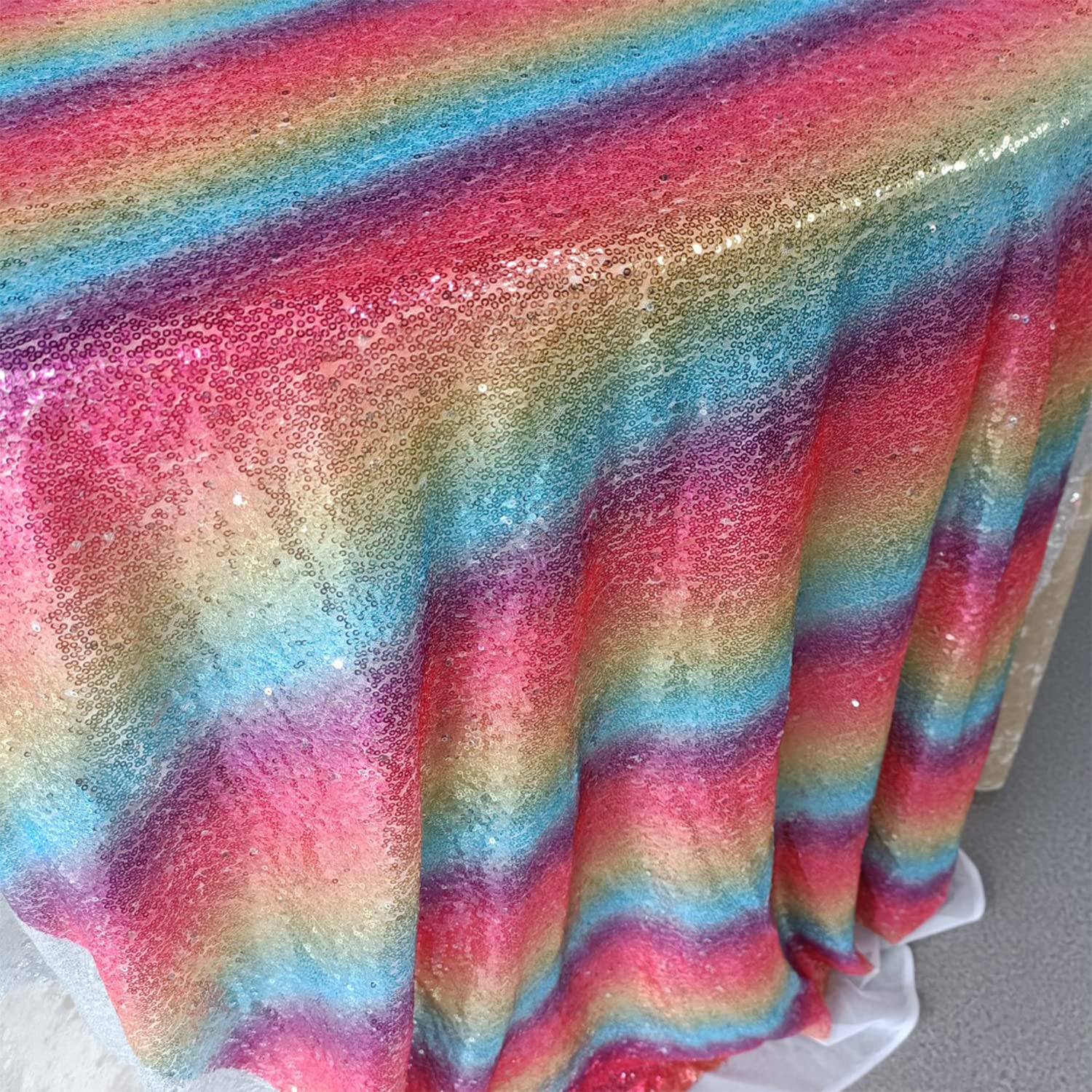 Trimming Shop 50 x 80 Inch Rainbow Sequin Rectangle Table Cloth Overlay Sparkly Shiny Linen Glitter Tablecloth for Wedding Birthday Party Christmas Banquets Dining Decoration Event, 10pcs