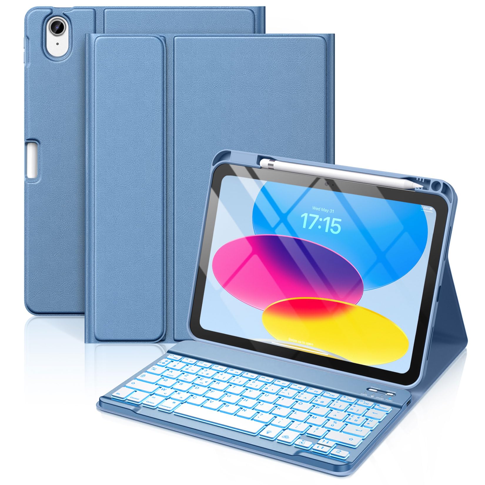 Vobafe Coque Clavier pour iPad A16 11/10 Ème Generation (11 Pouces 2025/10.9 Pouces 2022), Étui Keyboard 7 Couleurs Rétroéclairées avec Porte Crayon, AZERTY Layout pour iPad 10eme/11eme, Bleu