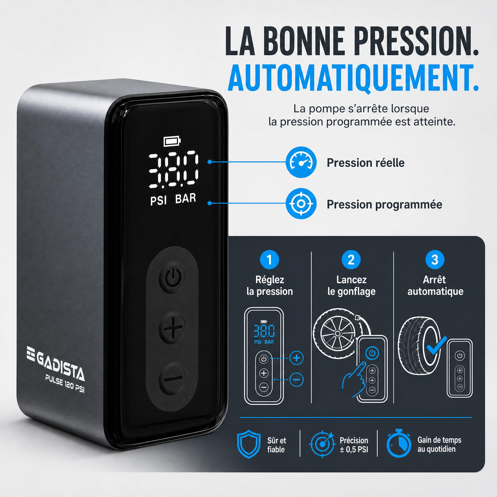 GADISTA Mini Pompe à Vélo Électrique 120 PSI - Gonfleur Électrique Portable sans Fil, Écran Numérique PSI/Bar, Arrêt Automatique, Valves Presta & Schrader + Ballons, USB-C, 143 g