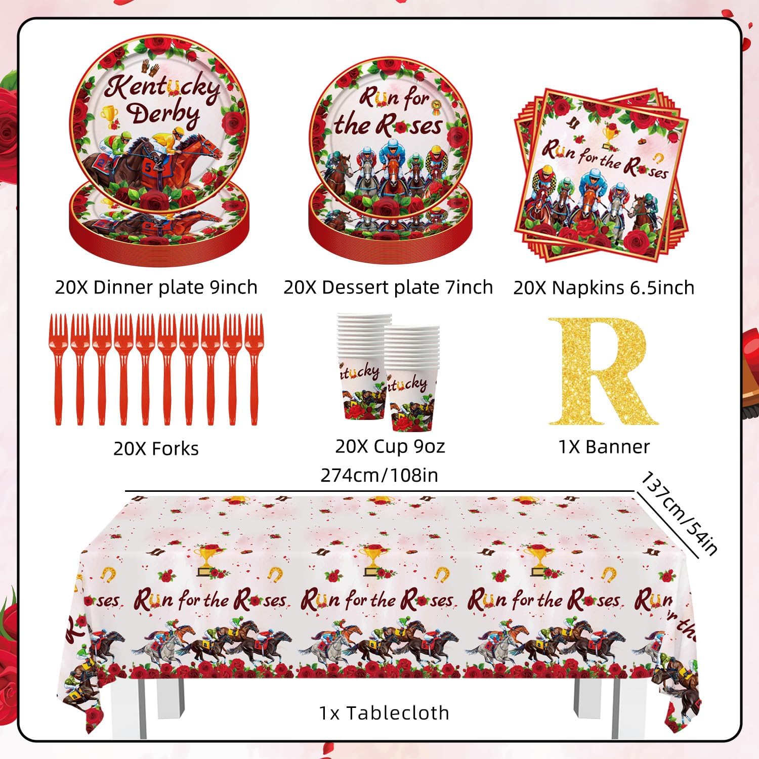 108pcs Derby Party Supplies Decorations Run for The Rose Derby Tableware Set for 20 Guests Include Tablecloth, Plates,Napkins,Forks,Paper Cups,Banner,Hanging Swirls