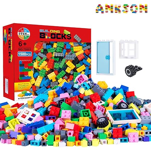 1500 Pieces Building Bricks for Kids with Doors,Windows,Wheels,Tires,Axles, Classic Building Bulk Blocks Compatible with All Major Brands for Boys Girls Ages 3 4 5 6 7 8 9 10 Year Old