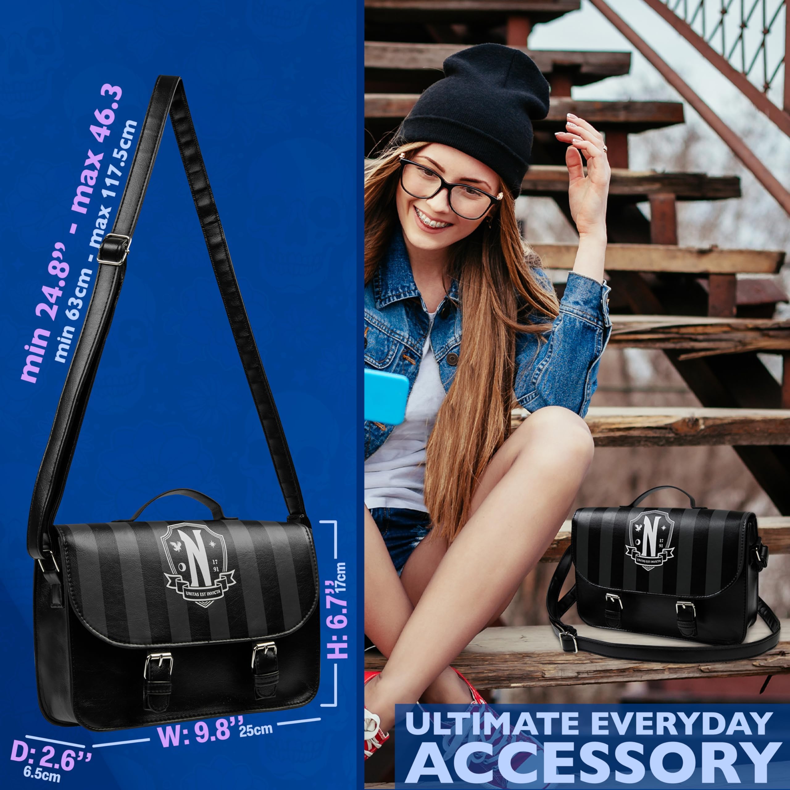 Wednesday Bolso Bandolera Niña Adolescente Chica, Bolsa con Correa Ajustable, Accesorios Góticos, Regalo Original Niñas Fans