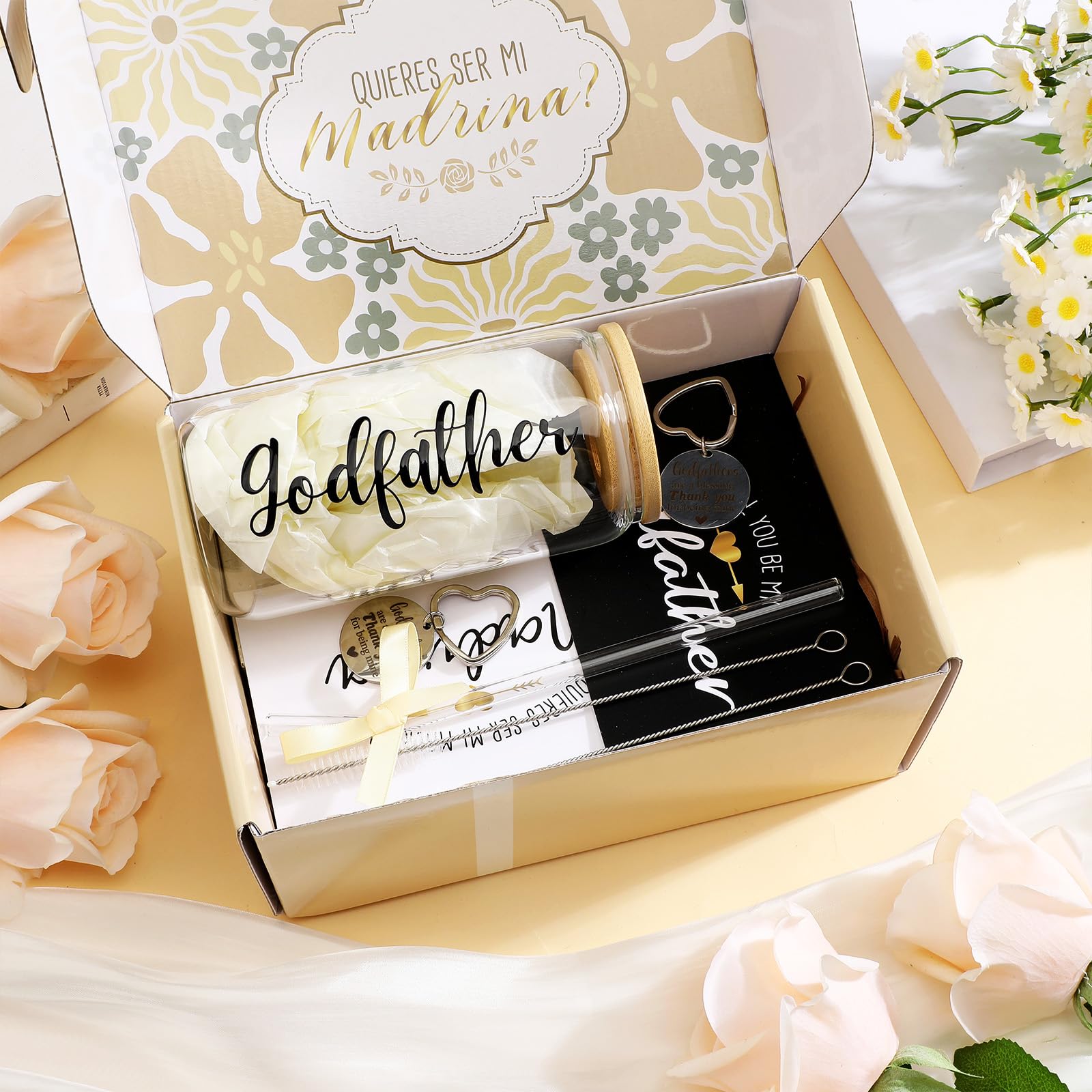 Mimorou 7 Pcs Fathers Day Godparents Proposal Gift Set Will You Be My Godparents from Godchild Godmother Godfather Gift with Glass Cups Keychains Cards Box for Birthday Baptism (Champagne)