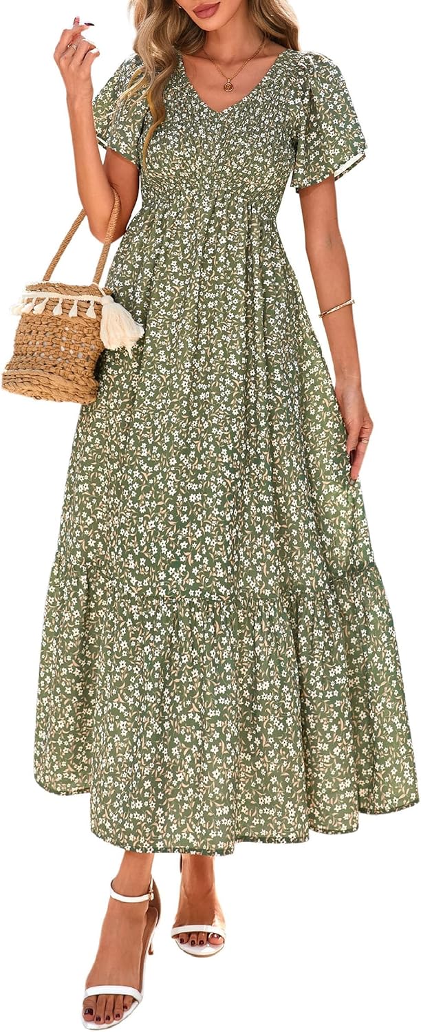PRETTYGARDEN Boho Dresses for Women 2026 Summer Floral Short Sleeve V Neck Smocked Flowy Beach Vacation Maxi Dress