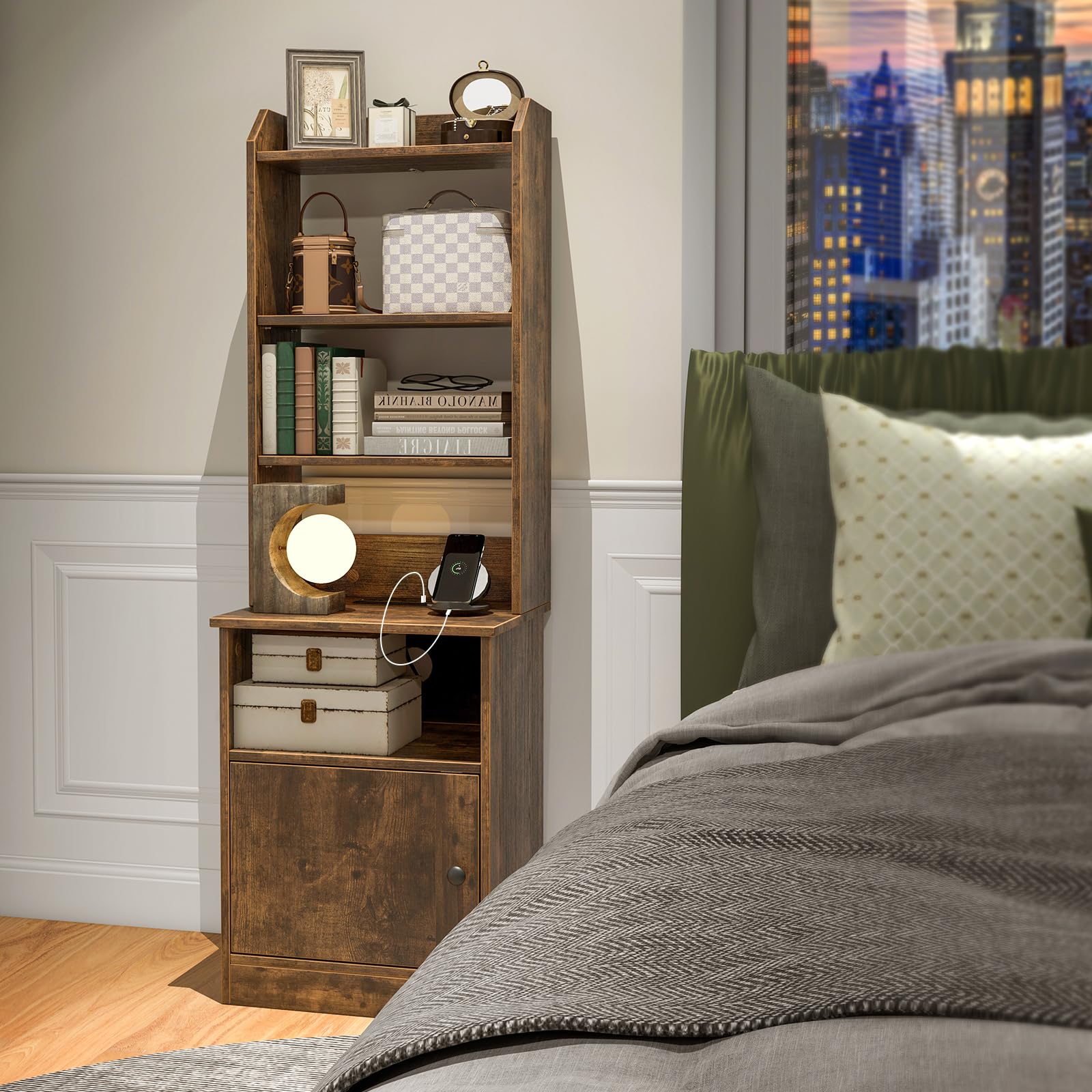 Giantex Tall Nightstand with Charging Station - 56