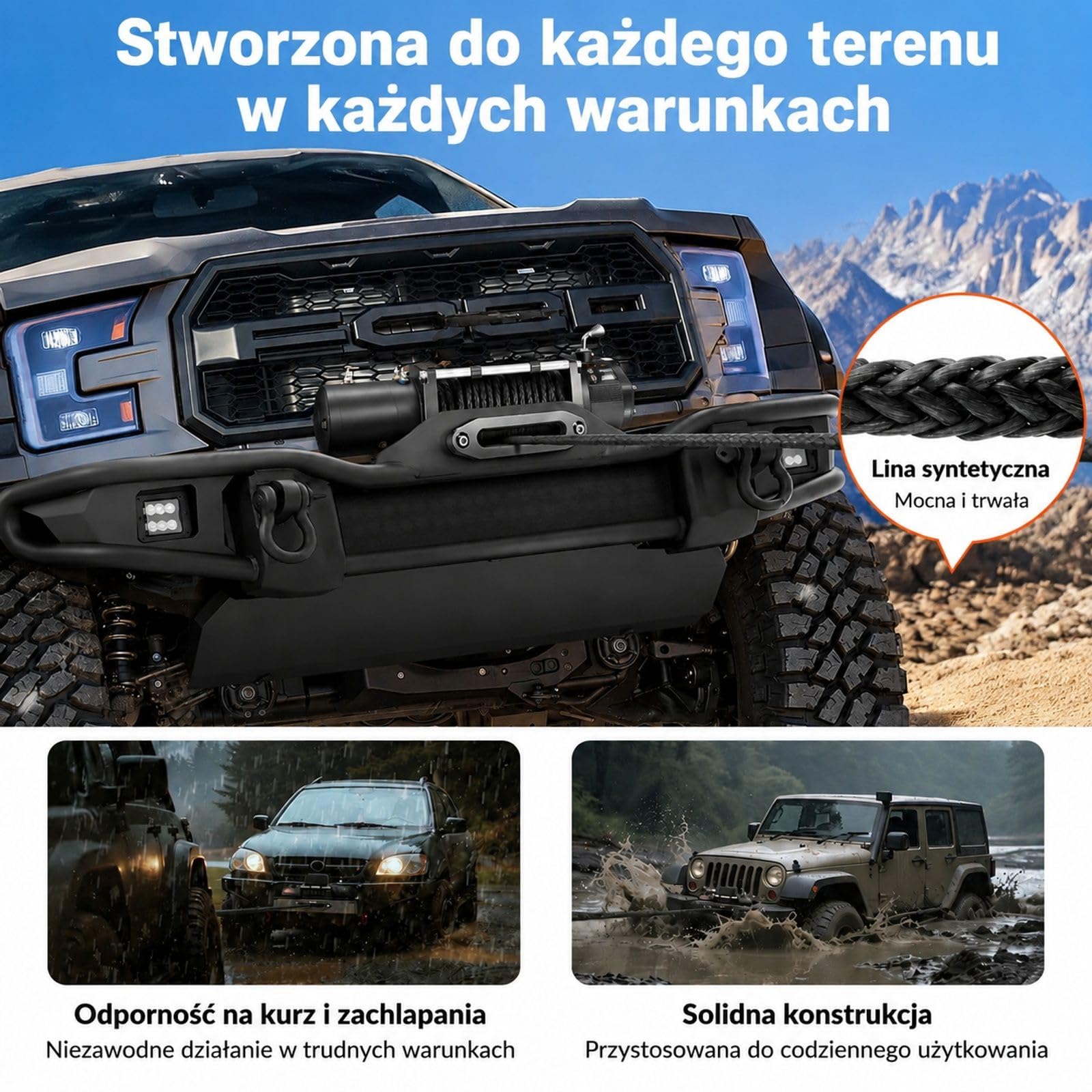 Wyciągarka elektryczna 6100 kg 12 V DC z liną syntetyczną i hakiem widełkowym do pojazdów terenowych, jeepów, przyczep, łodzi
