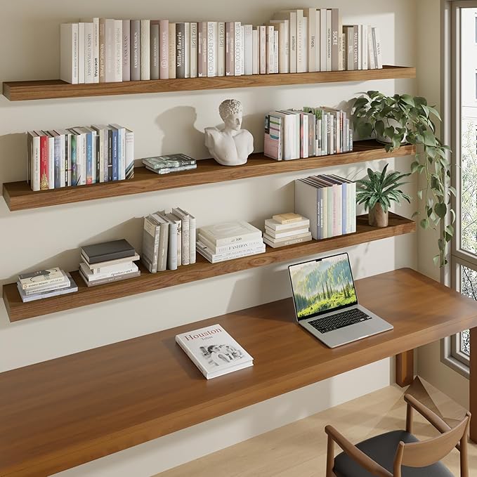 ROGMARS 72 Inches Long Walnut Floating Shelves,Rustic Solid Wood Farmhouse Wall Shelves with Invisible Brackets for Bathroom, Living Room, Bedroom, Kitchen Set of 3