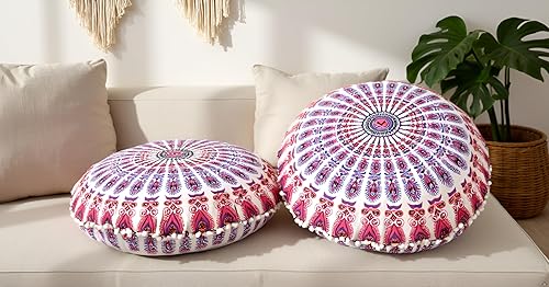 Miniatura 8 de CRAFT KALA Funda de almohada bohemia de 32 pulgadas, tamaño grande, redondo, bohemio, para meditación, con mandala, para adultos, cojín para