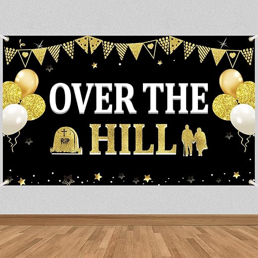 Funny Birthday Decorations Over The Hill Banner for Men Women, Black Gold Old Age Happy Retirement Backdrop Party Supplies, 40th 50th 60th 70th 80th Birthday Retirement Poster Background Decor