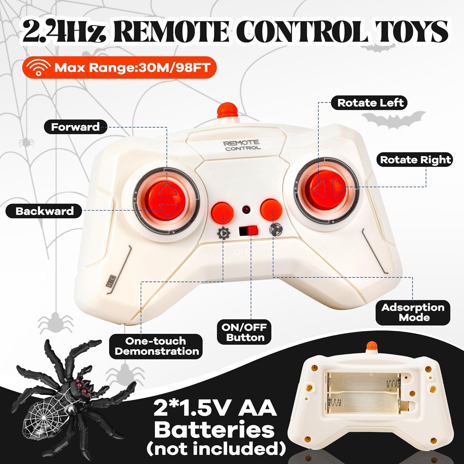 Remote Control Spider, Wall Climbing Spider with LED Red Eyes, Climbs Smooth Walls & Ceilings, RC Creepy Crawly Spider for Kids 3+ (No Assembly), Indoor Halloween Christmas Birthday Gift