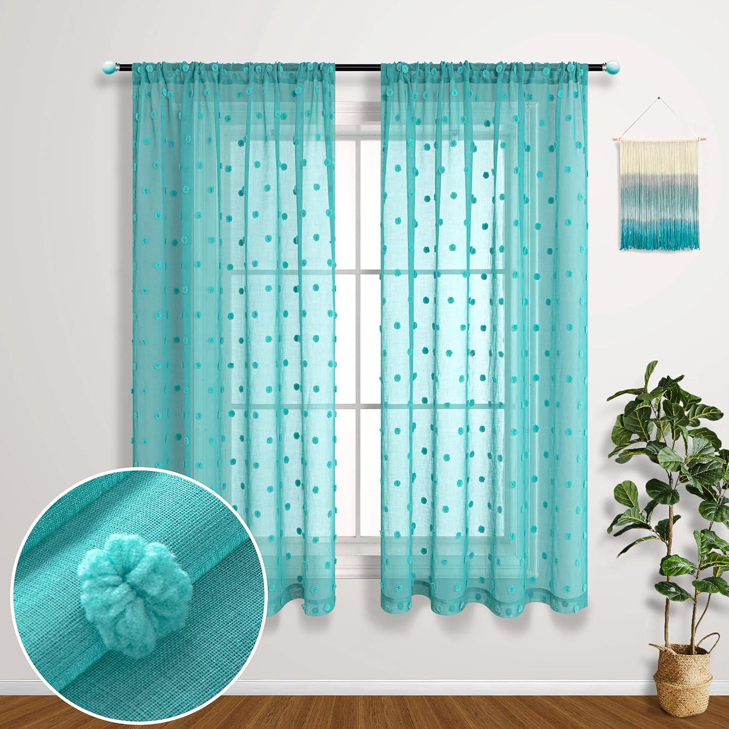 Teal Boho Curtains 45 Inch Length for Bathroom Window Decor