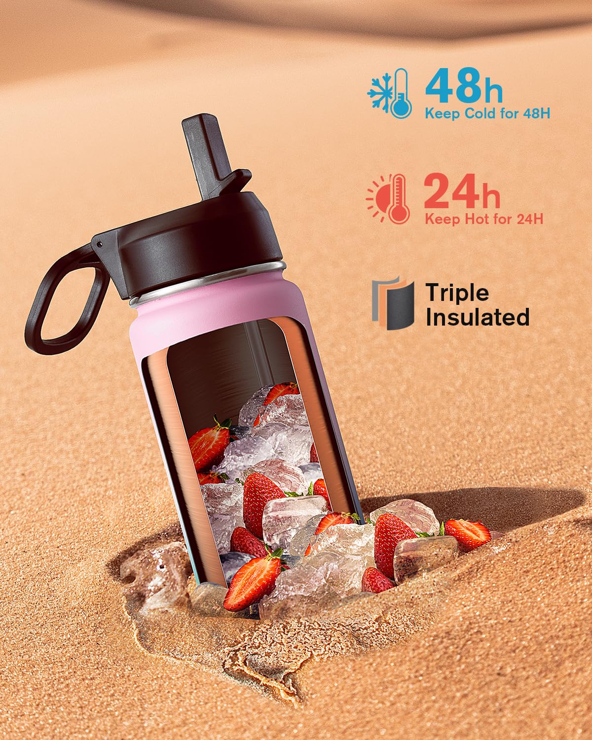 Coolflask Borraccia termica con cannuccia, in acciaio inox, con 3 coperchi, imboccatura larga, per sport o ufficio, senza BPA, mantiene il freddo fino a 48 ore o caldo fino a 24 ore, motivo