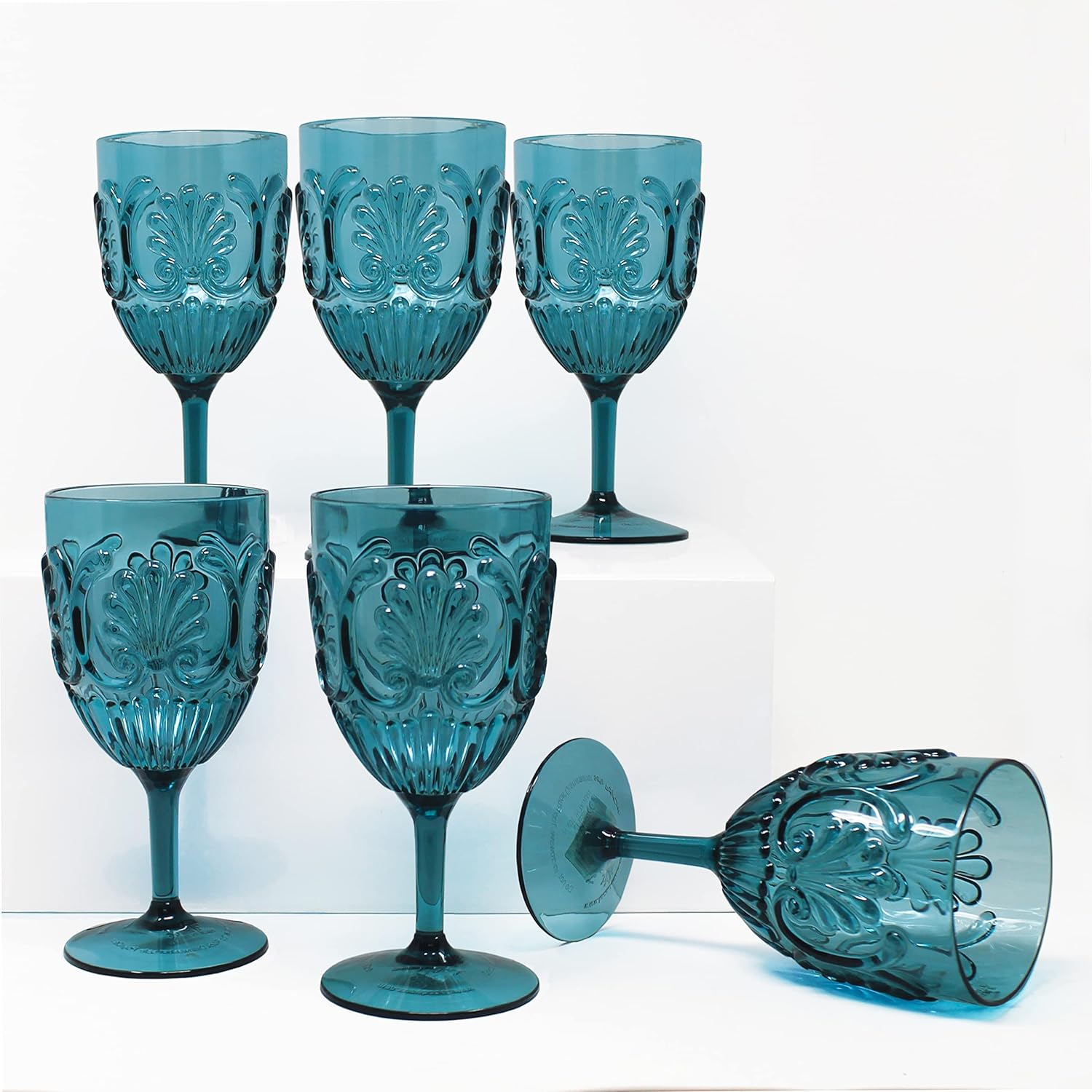 Le Cadeaux Fleur Shatter Resistant Polycarbonate Indoor Outdoor Wine Glass, Blue, Set of 6