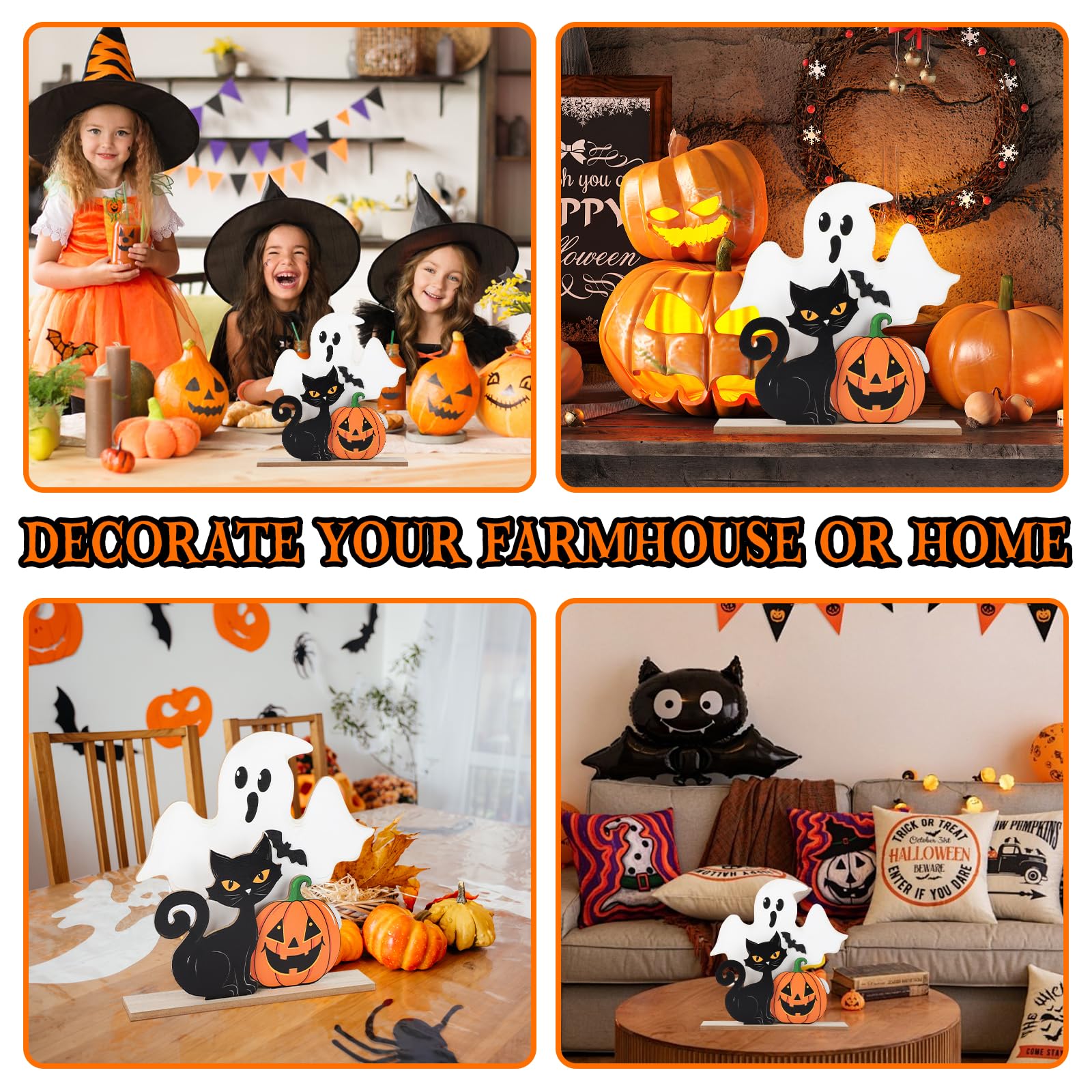 Wooden Halloween Tiered Tray Signs - Set Of 3 Cute Black Cat, Pumpkin & Witch Decor For Shelf Or Table - View #6
