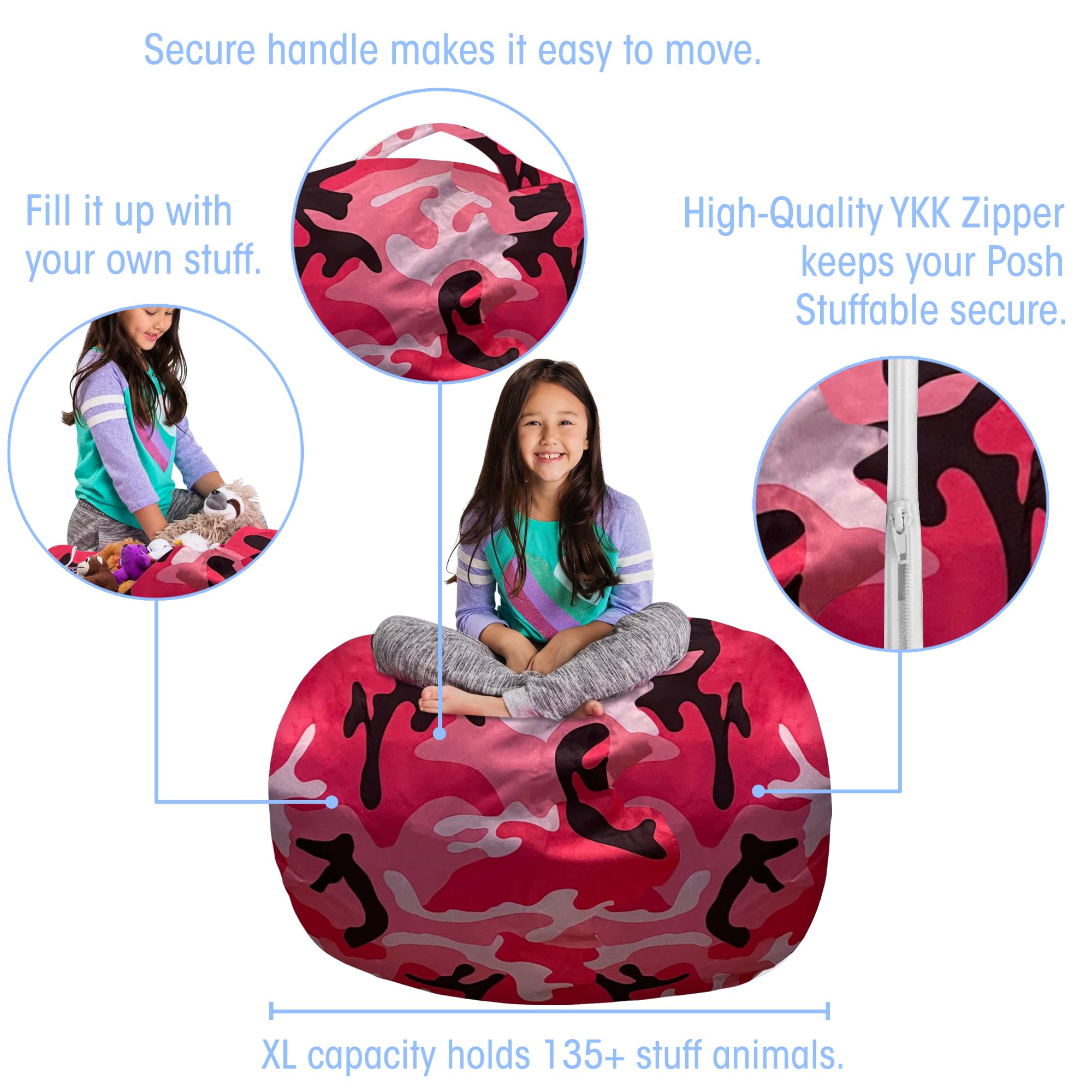 Posh Creations Kids Stuffed Animal Storage Bean Bag Chair Cover - Childrens Toy Organizer, X-Large-48in, Nylon Camo Pink and Black