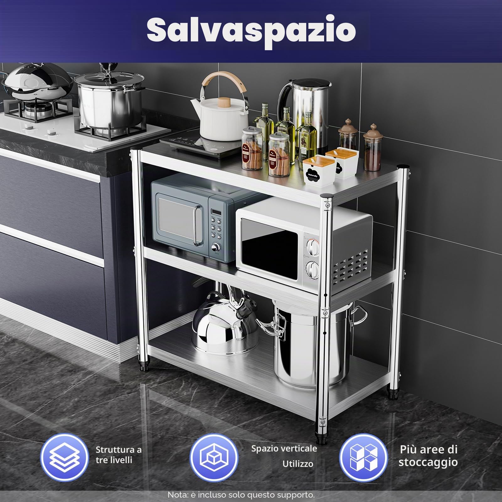 Scaffale da Cucina con 3 Ripiani, Scaffalature in Acciaio Inox, Fino a 50 kg
