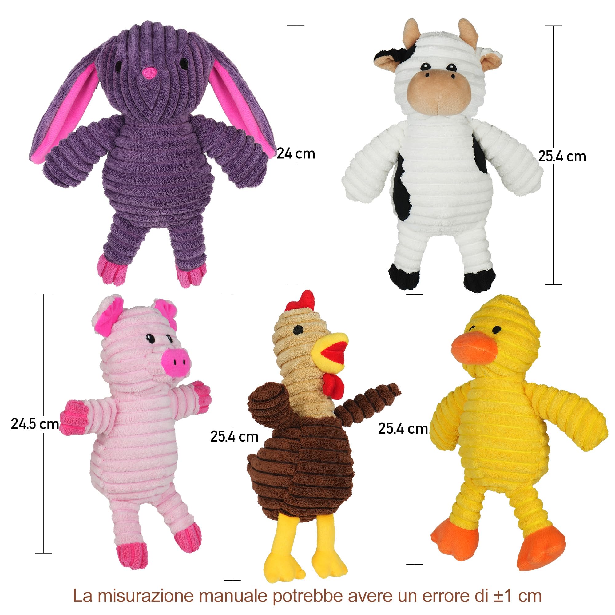 PrimePets Peluche per Cani, 5 Pezzi Giochi Cane con Squeak, Giocattoli per Cani, Peluche Cane, Giocattolo Interattivo (Animali Fattoria)