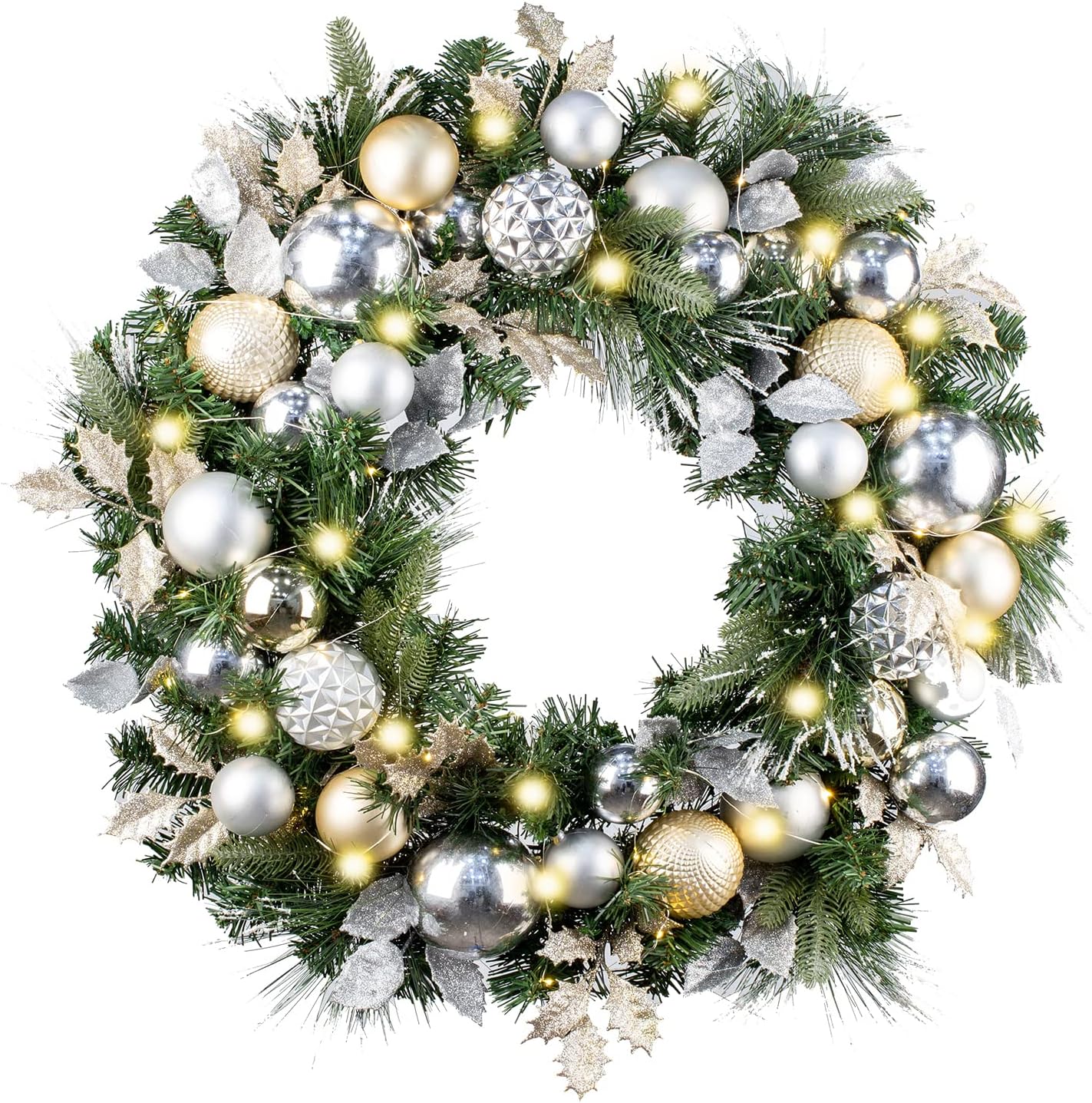 WANNA-CUL Pre-Lit 30 Inch Large Christmas Wreath for Front Door with 50 Led Lights,Champagne Gold Lighted Christmas Door Wreath Decor with Ball Ornaments, Battery Operated 03-champagne Gold