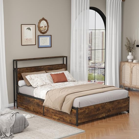 Panana Modern Queen Size Bed Frame with 4 Storage Drawers - Industrial Metal & Solid Wood Platform Bed, Sturdy & Space-Saving Design, Easy Assembly, Eco-Friendly Materials (Queen (U.S. Standard))