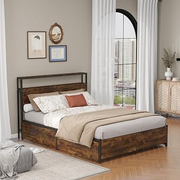Panana Modern Queen Size Bed Frame with 4 Storage Drawers - Industrial Metal & Solid Wood Platform Bed, Sturdy & Space-Saving Design, Easy Assembly, Eco-Friendly Materials (Queen (U.S. Standard))