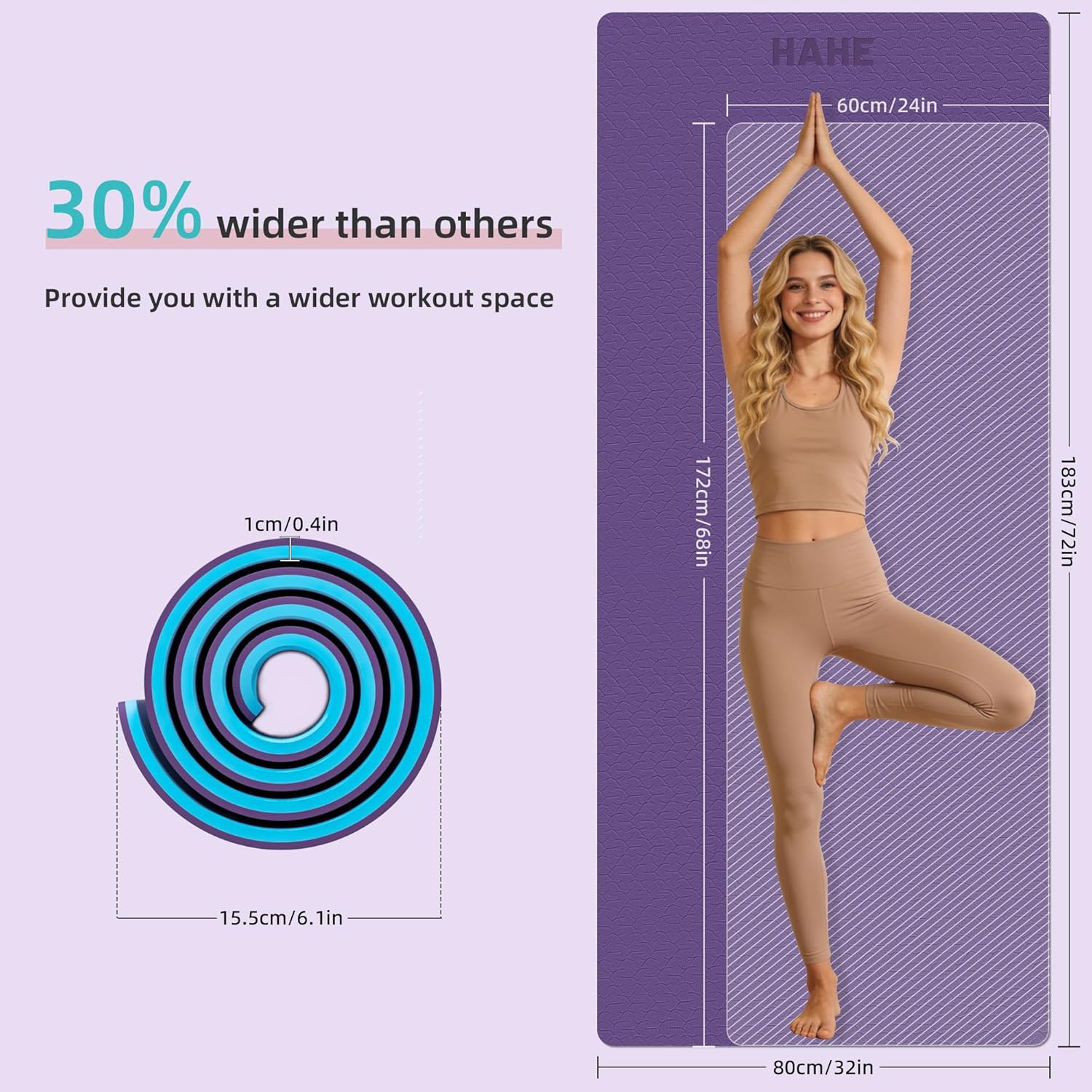 HAHE Yoga Mat Thick, 72"x32"x0.4"Th (10mm), Wide Non-Slip Exercise Mat with Carry Strap, Double-Sided POE Fitness Mat for Yoga, Pilates & Floor Workouts Purple+Sky Blue