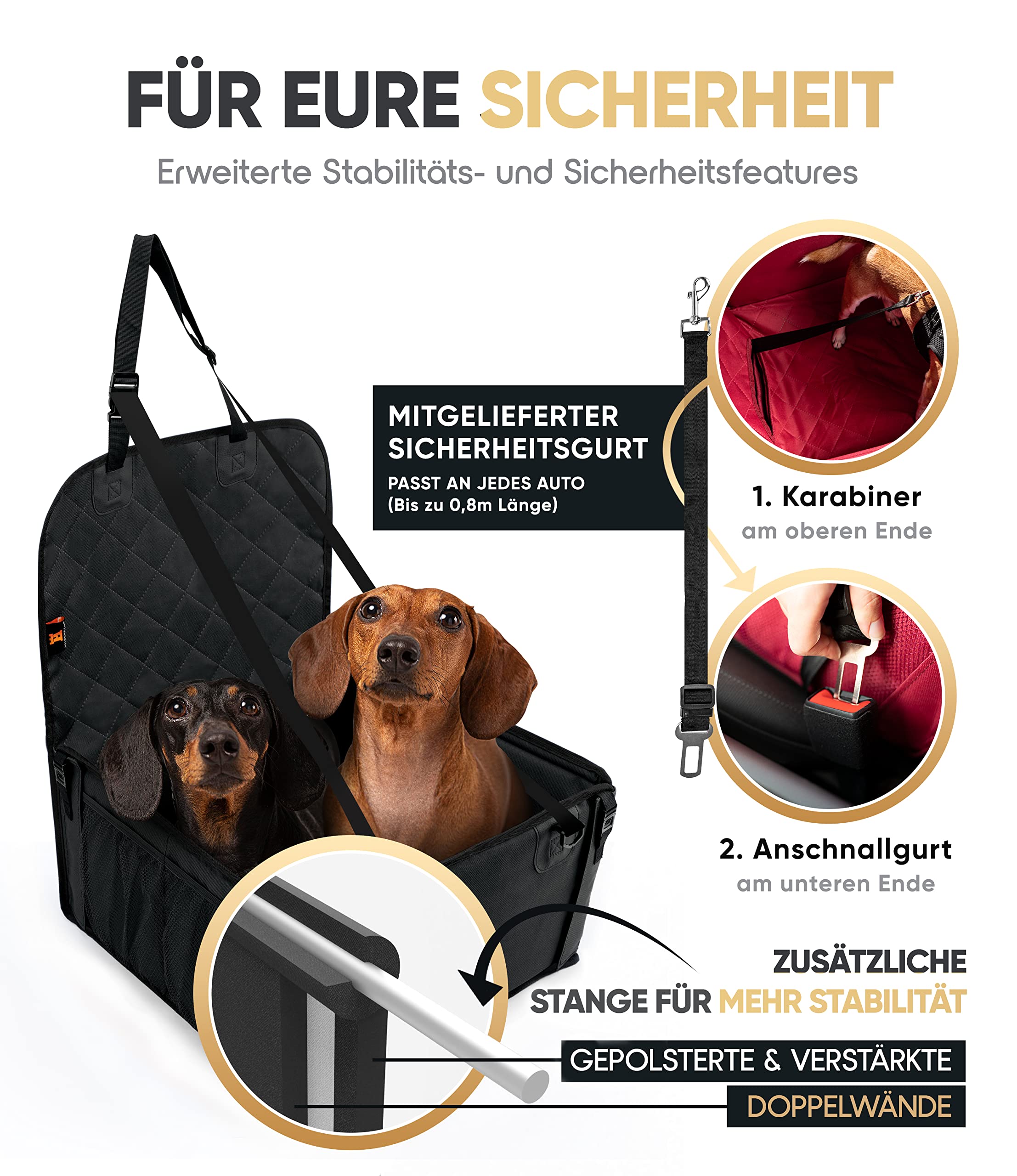 HELDENWERK Extra Stabiler Hunde Autositz -Verstärkte Wände und 5 Gurte - Wasserdichter Hundeautositz für Rück- und Vordersitz (Schwarz, Standardgröße)