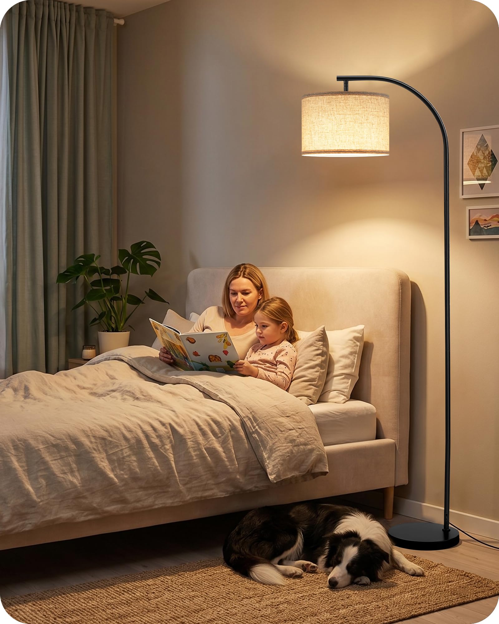 Stehlampe aus Leinen, Schwarz, Stehleuchte mit 3 Farbtemperaturen