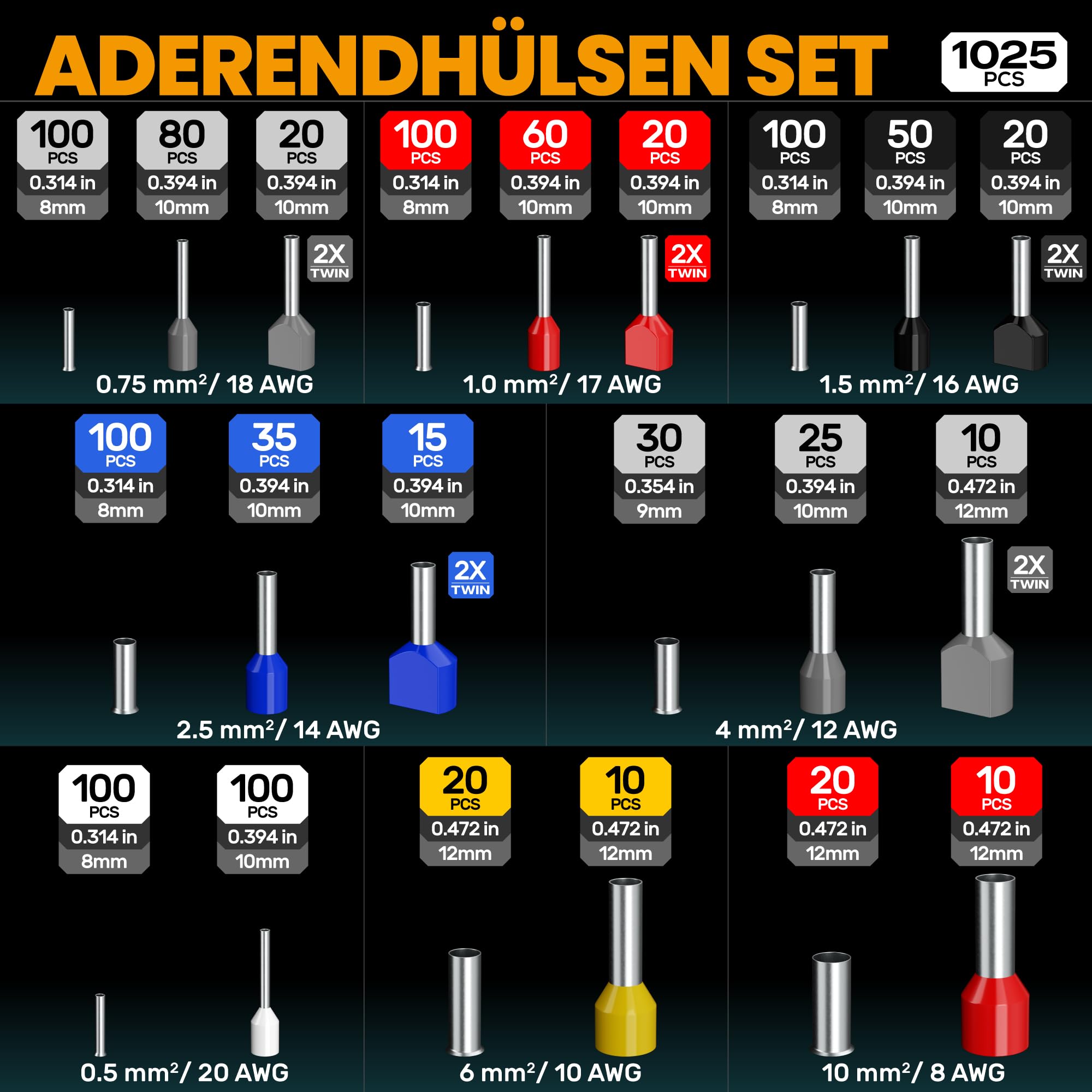 SOMELINE Sechskant Crimpzange Set, 21 Arten [0,25-10mm²] Aderendhülsen Set, Selbsteinstellend Sechskant Aderendhülsenzange - Krimpzange - Crimpzangen - Presszange - Crimp Zange