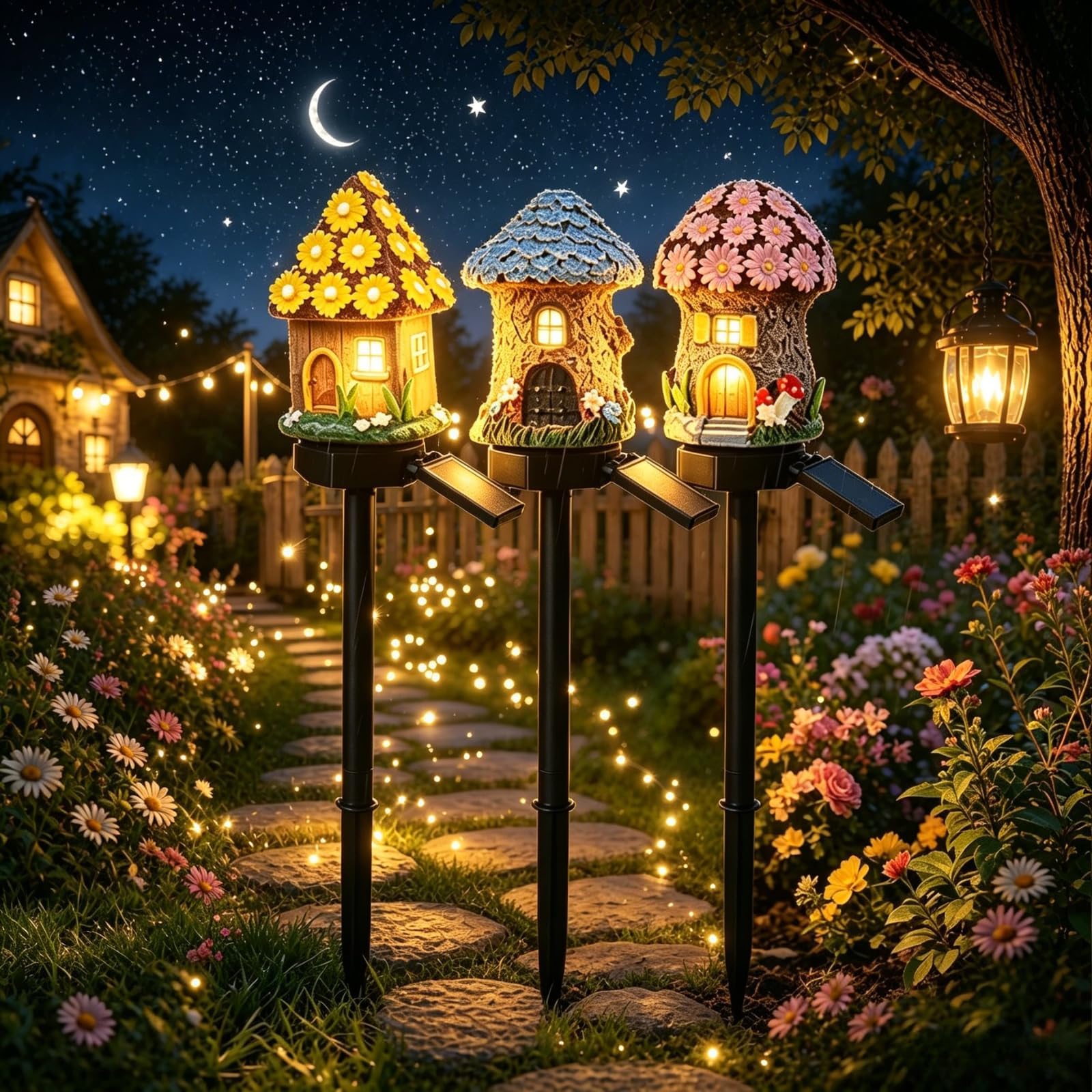 Solar Fairy-Tale Mushroom House Lights Cottage Garden Stake Lights, Resin Mushroom Cottage Figurine, Waterproof LED Mushrooms House Statue Lamp, Outdoor Landscape Pathway Yard Patio Lawn Decor (3PC-B)