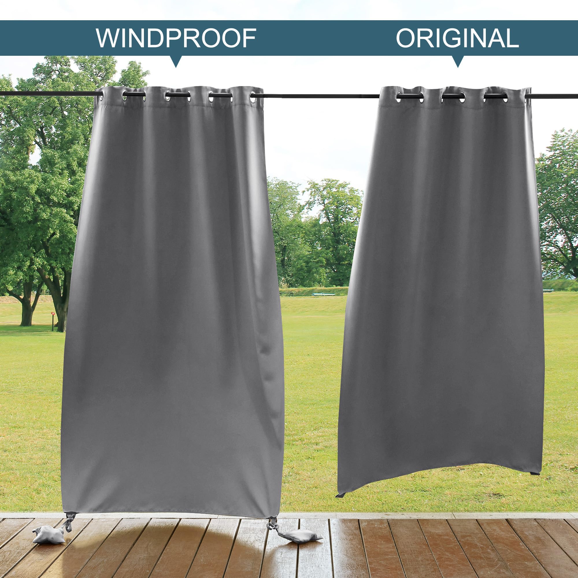 PONY DANCE Rideaux d'Extérieur Coupe-Vent - Rideaux Occultants Imperméables a Sacs Lestés pour Patio de Chambre Maison Douche de Piscine, 2 Pièces, L132 x H213cm, Anti-décoloration Gris