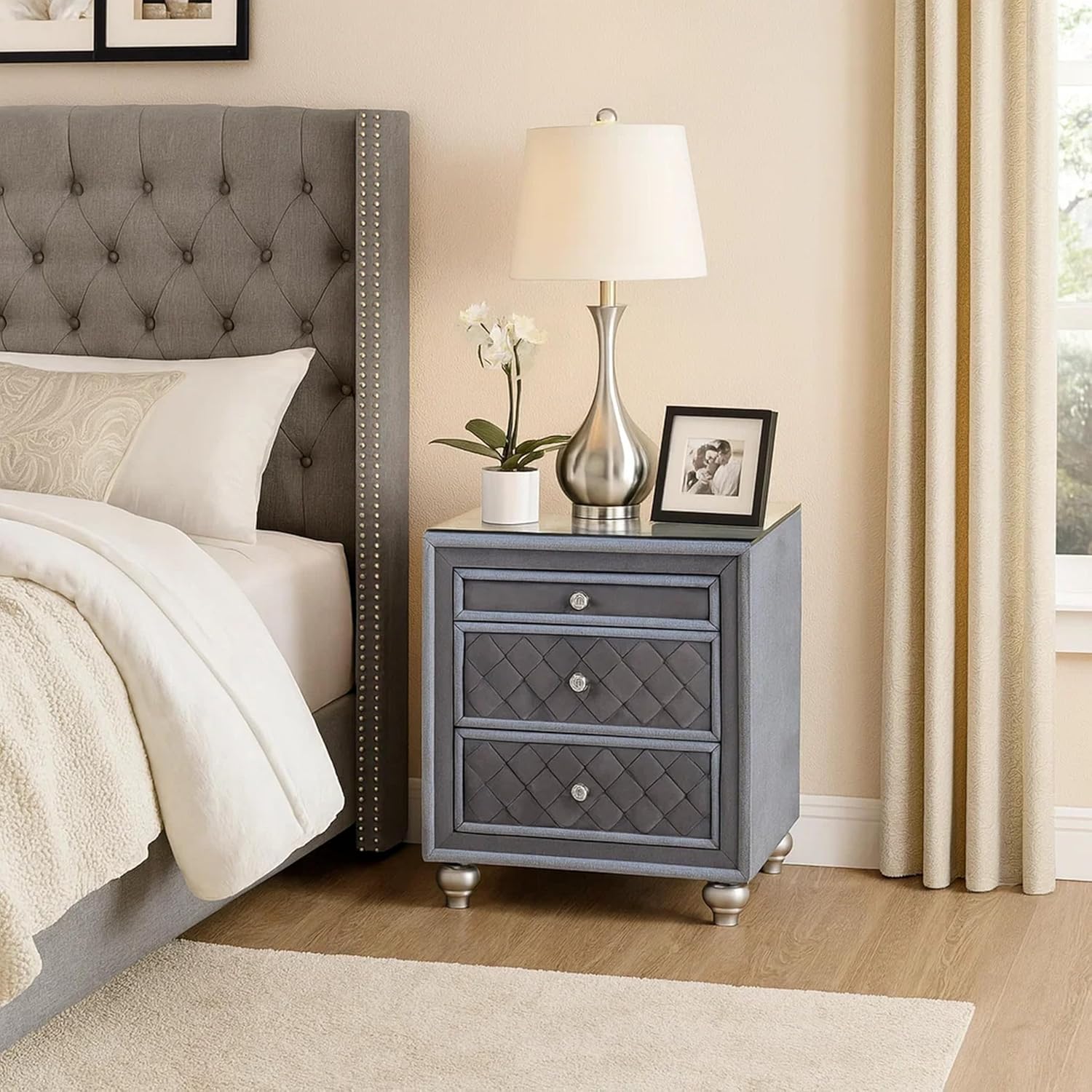 Benjara BM300868 30 in. Glass Top Crystal Knobs & Velvet Yin 3 Drawer Nightstand Gray