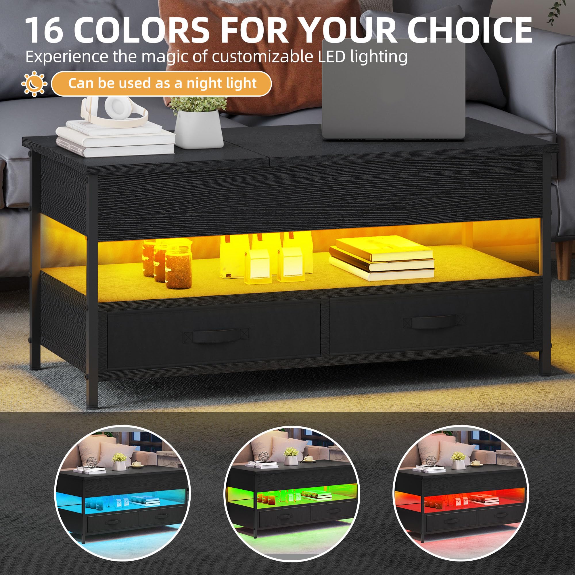 DWVO Couchtisch Höhenverstellbar mit 2 Schublade und Offener Lagerraum, LED Couchtisch mit Verstecktem Ablagefach, Wohnzimmertisch 106 x50x51,5cm