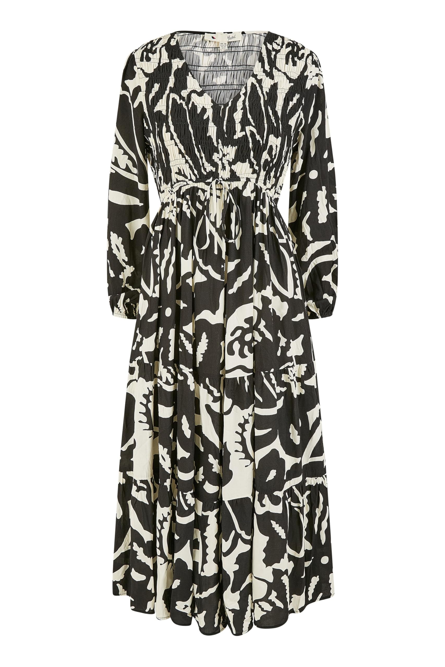 Yumi Women's Black Abstract Print Ruched Midi Dress With Long Sleeves (Uk, Numeric, 10, Regular, Regular, )