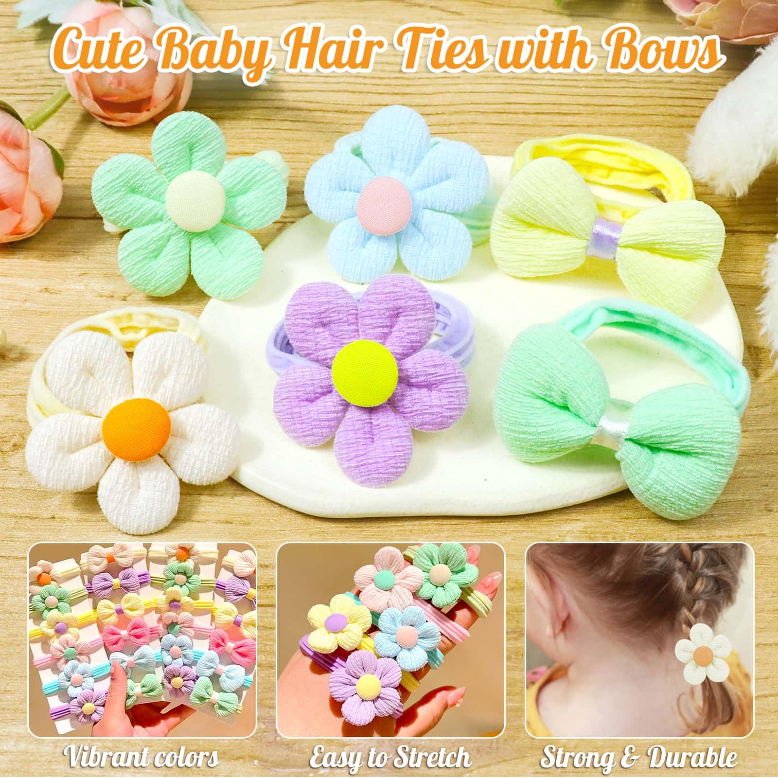 Lot De 12 élastiques à Cheveux Pour Bébé Fille - Motifs Fleurs Et Nœuds, Doux, Extensibles
