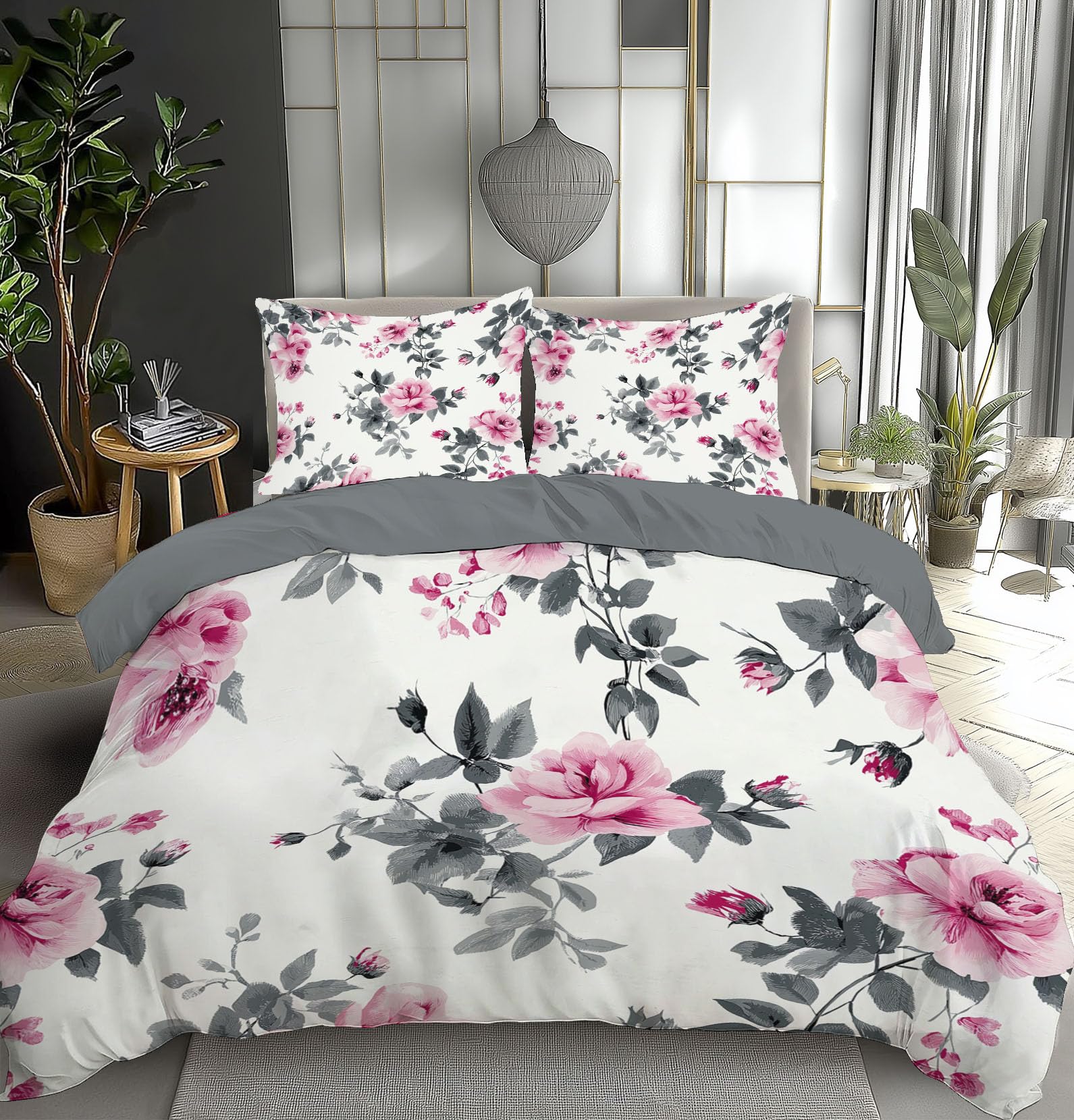 Juego de Cama Reversible Rosas, Nórdica Estampada Edredón Vintage Flores, Blanco Invierno Juego de Funda de 135x200cm con 2 Fundas de Almohada para Cama de Matrimonio