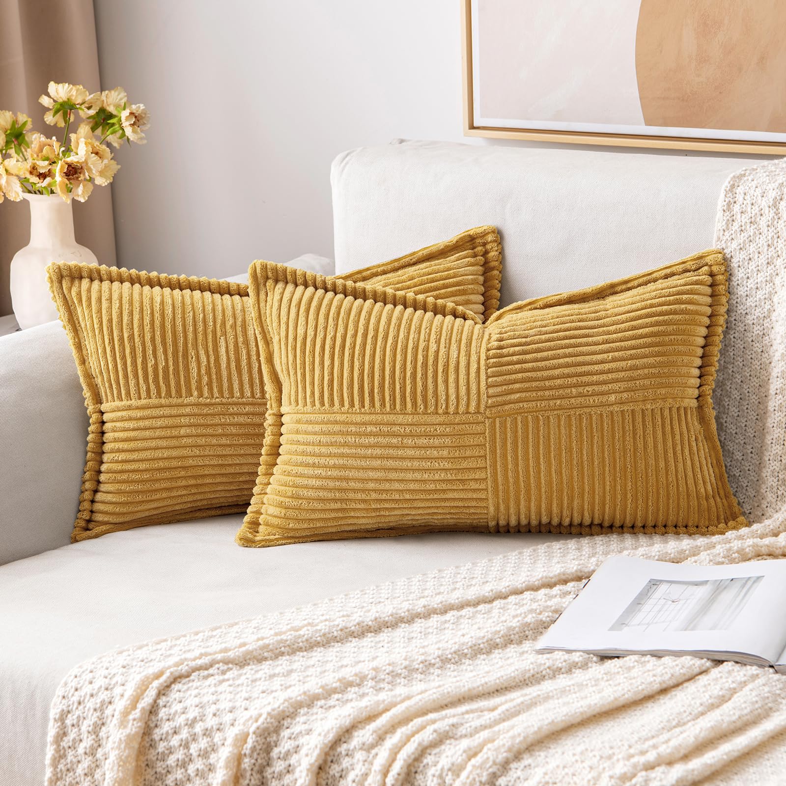 MIULEE Decorative Lumbar Throw Pillow Covers 12x20 Inch Gold 2 Pack | Boho Broadside Striped Patchwork Pillow Covers, Soft Corduroy Cushion Cases, For Couch Sofa Bed Livingroom Home Decor