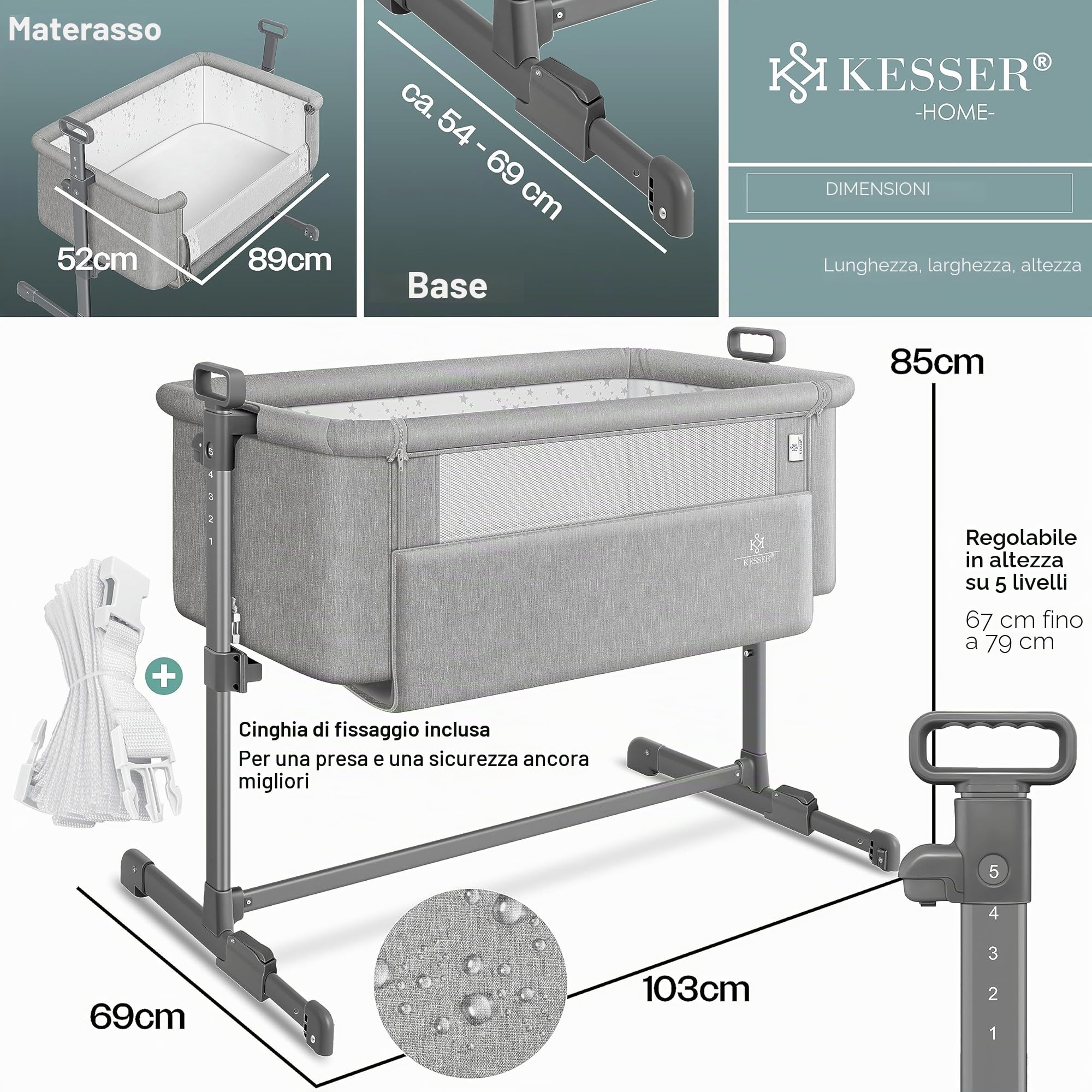 KESSER® Hubi 3in1 Culla da viaggio Culla per bambini con materasso morbido, con rotelle, 5 regolazioni in altezza, pannello laterale pieghevole per la casa e in viaggio, grigio chiaro