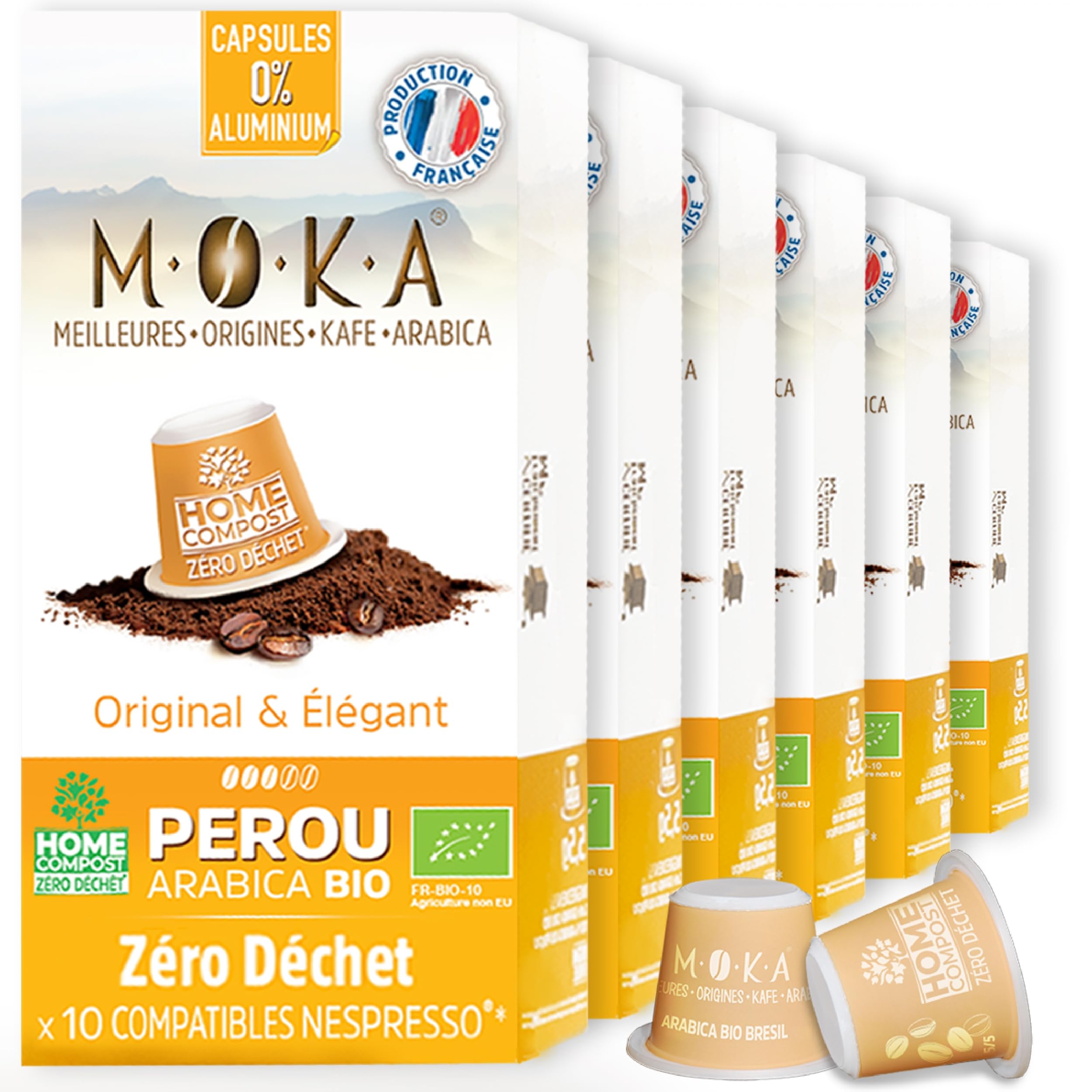 MOKA - 100% reiner Arabica-Kaffee aus Mexiko - Stärke 8 - Origineller und eleganter Bio-Kaffee - 100 mit kompatible Kapseln - Zero Waste - Biologisch abbaubar und Home Compost - Frankreich