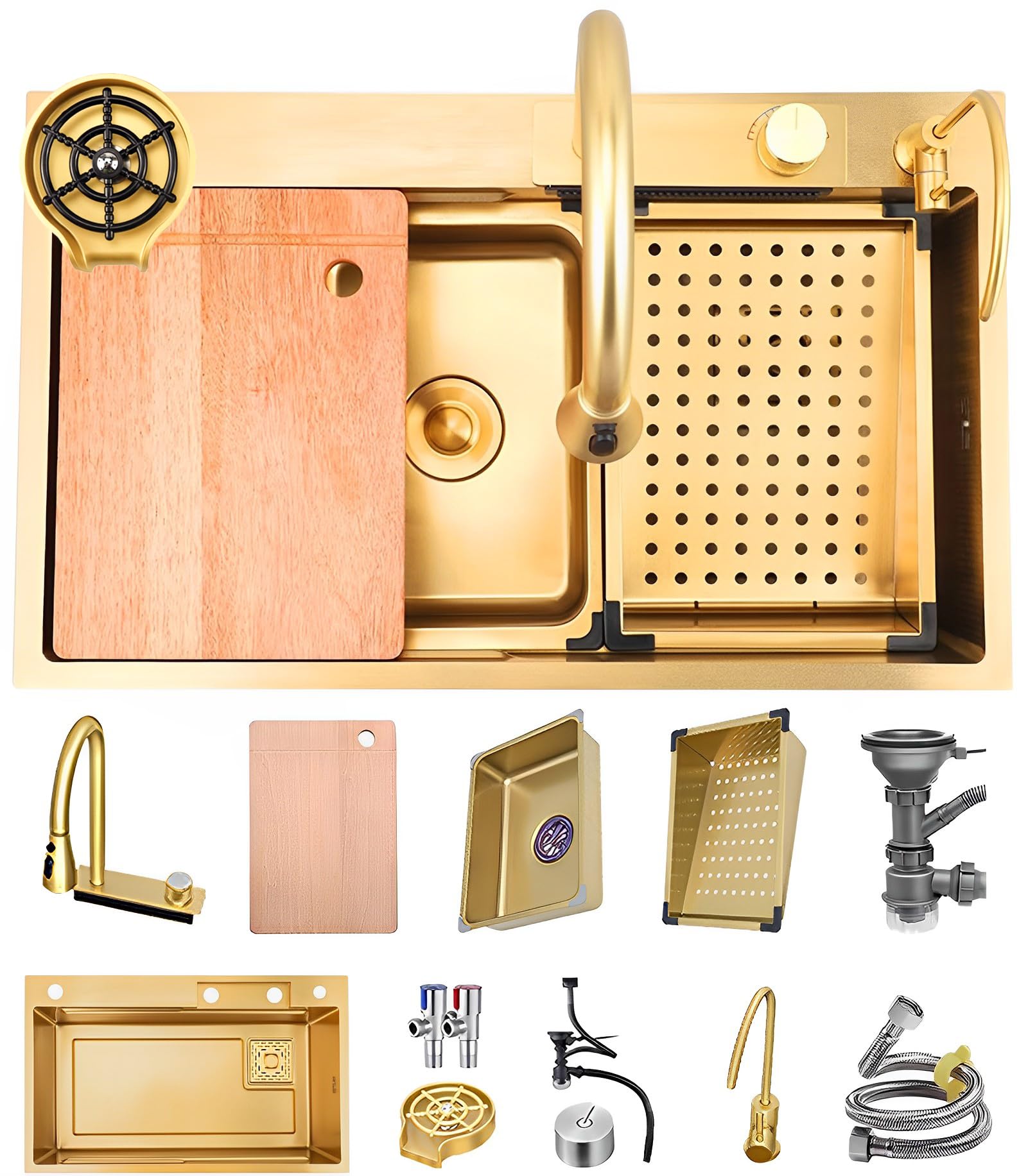 ZQFHSX Golden Waterfall Sink, 1 Basin, Built-in Top Mount Kitchen Bar Sink Made of Stainless Steel, Multifunctional Workplace with Extendable Tap and Complete Accessories, 65 x