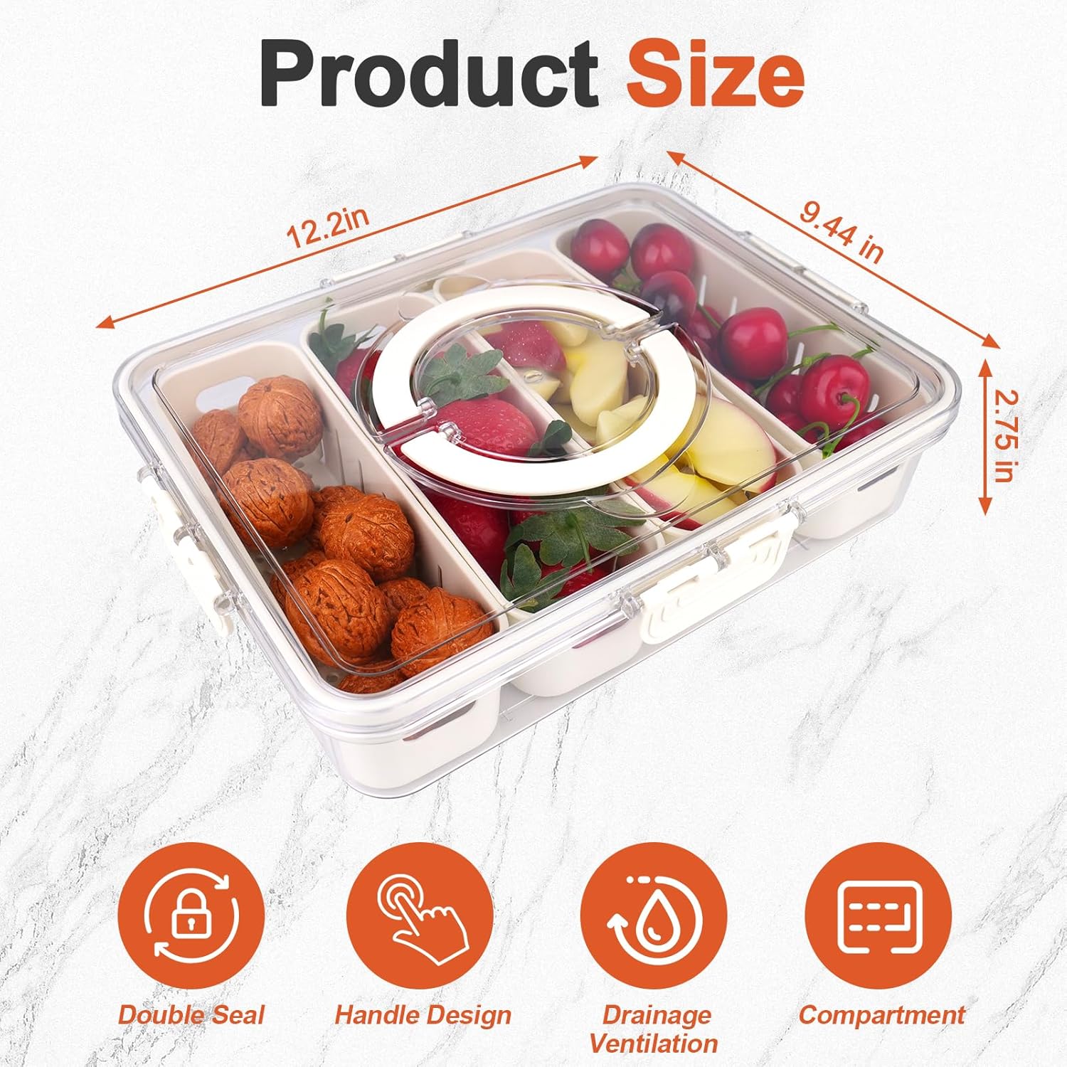 Veggie Tray Snackle Box Container: 4 Compartment Divided Serving Tray with Lid & Handle - Airtight Food Friut Snacks Storage Containers,Snack Box Candy Organizer for Picnic Travel Party