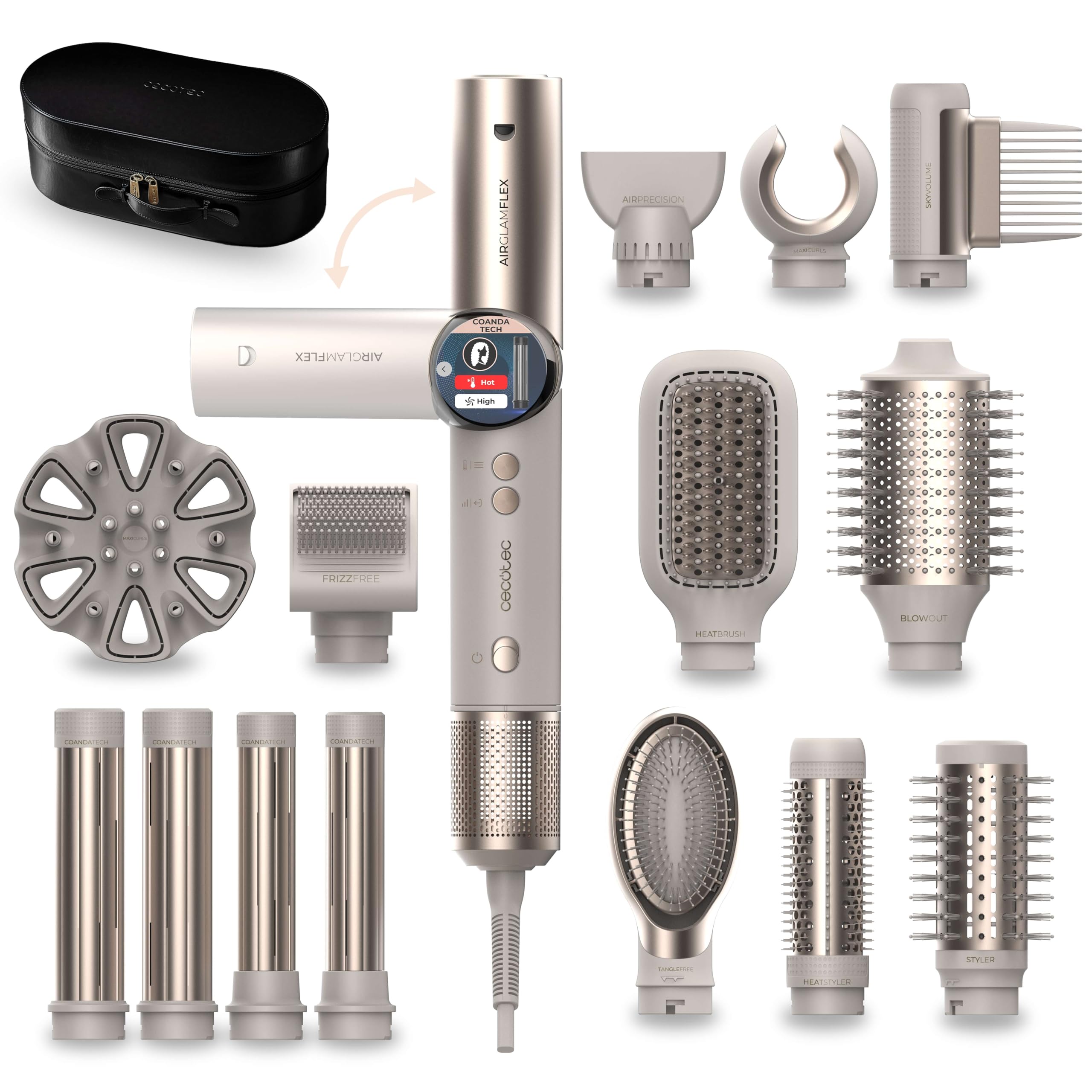 Cecotec Modellatore per Capelli 14 Testine AirGlam 14in1 Flex Champagne. 1400W, 110000RPM, Schermo, Tecnologia Coanda, Motore Brushless, Funzione Rotativa e Rivestimento Ceramica e Cheratina